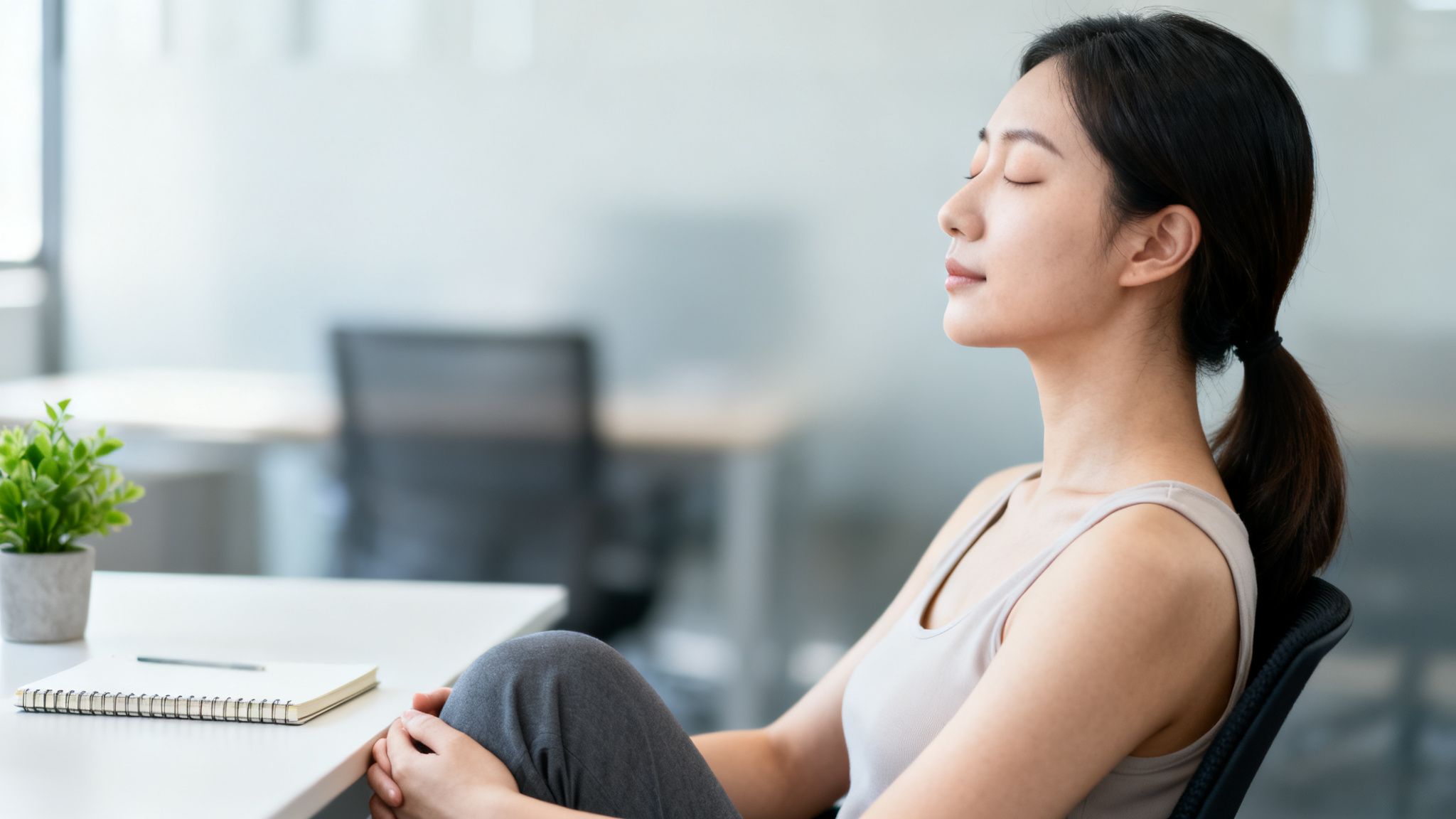 Femme asiatique sereine aux yeux fermés, se relaxant dans un environnement de bureau moderne.