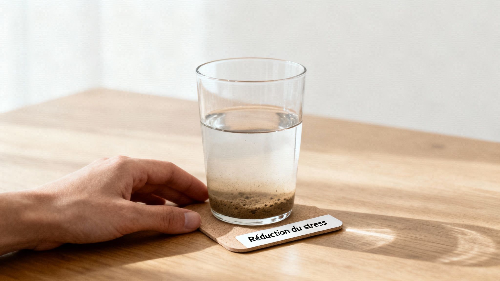 Main près d'un verre d'eau avec des sédiments qui se déposent, sur un sous-verre marqué "Réduction du stress".
