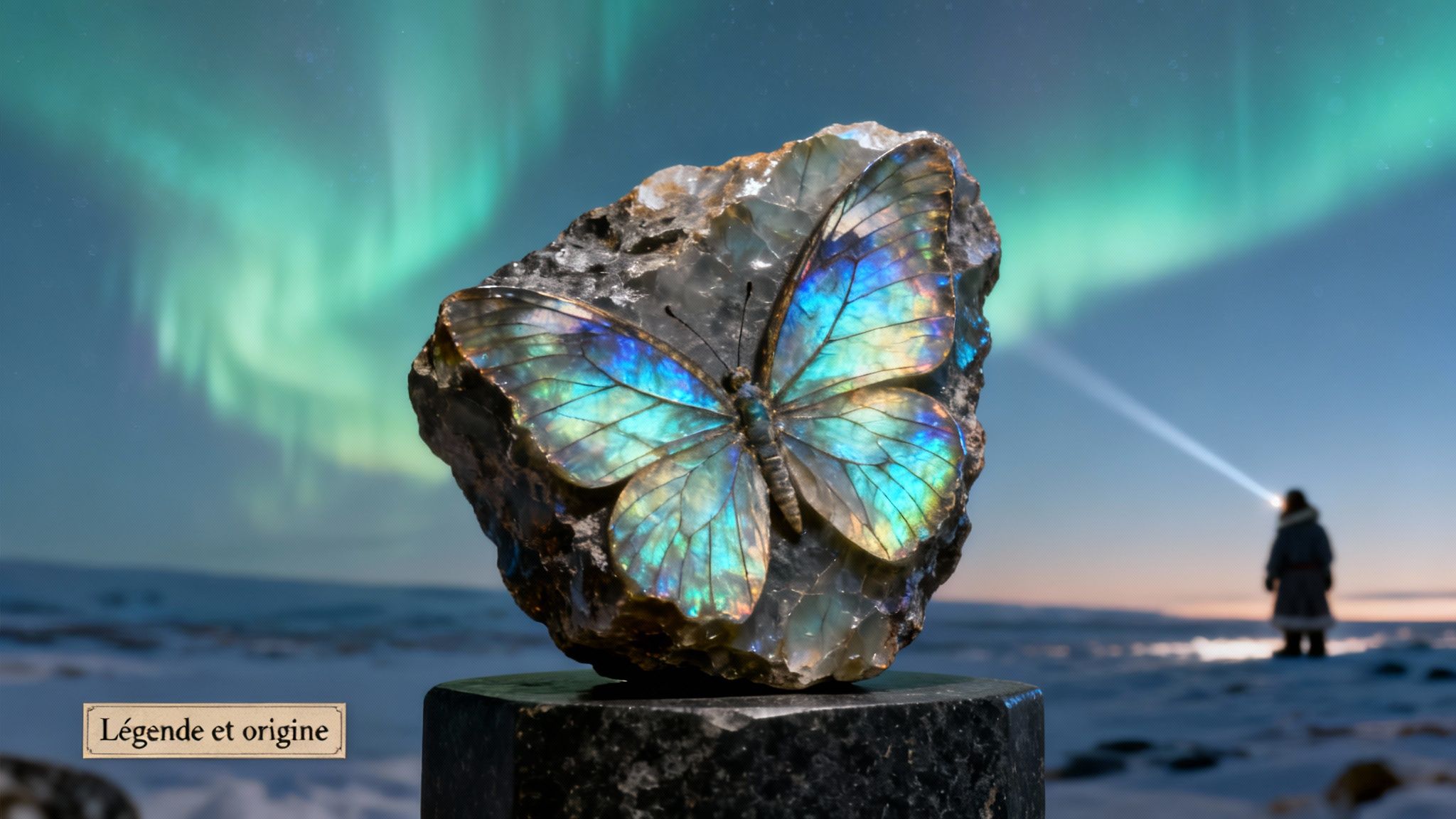 Papillon iridescent sculpté en labradorite, posé sur un socle devant des aurores boréales et une personne éclairante.