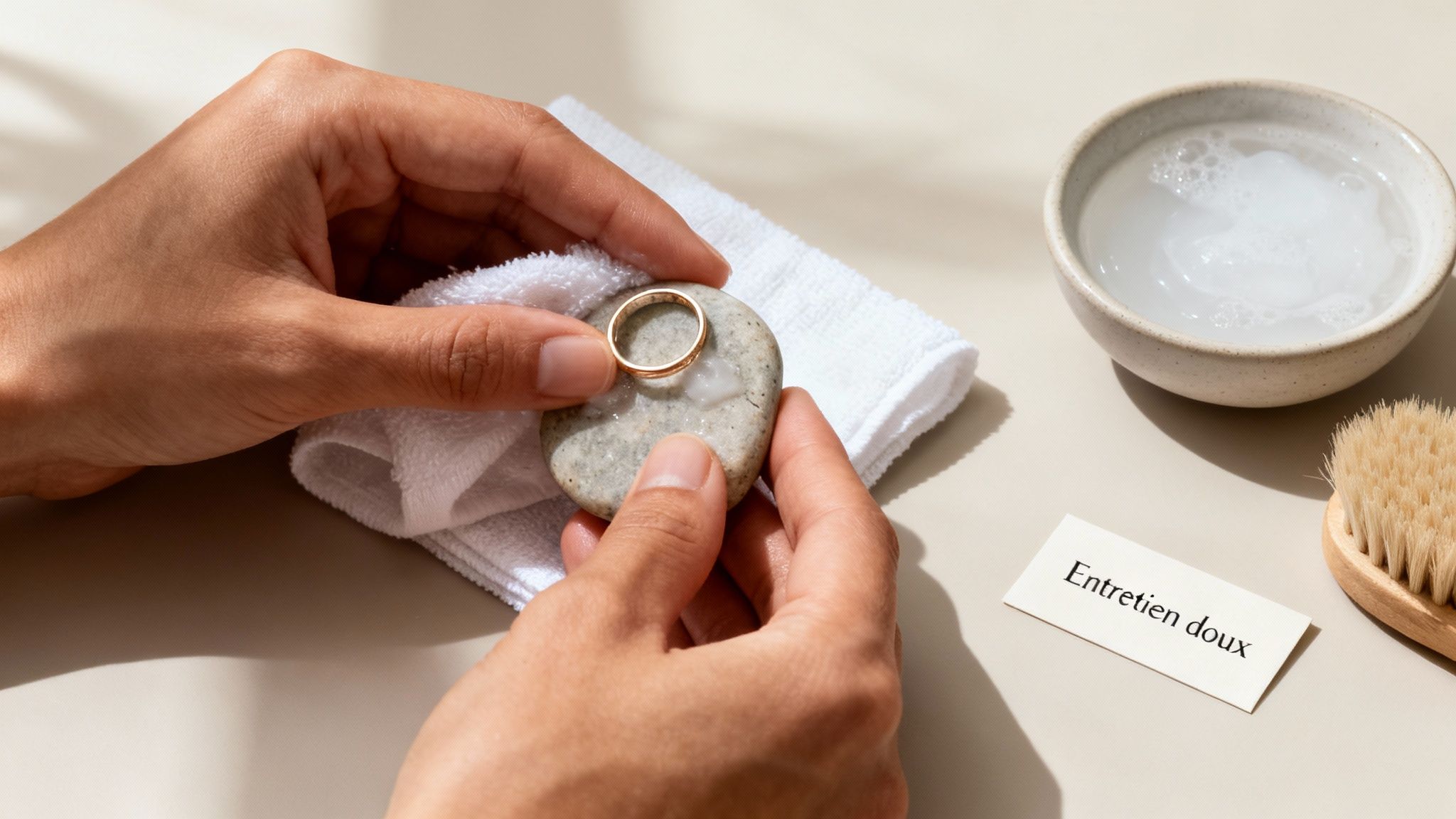Des mains nettoient une bague en or sur une pierre, entourée d'une serviette, d'eau savonneuse et d'une brosse pour un entretien doux.