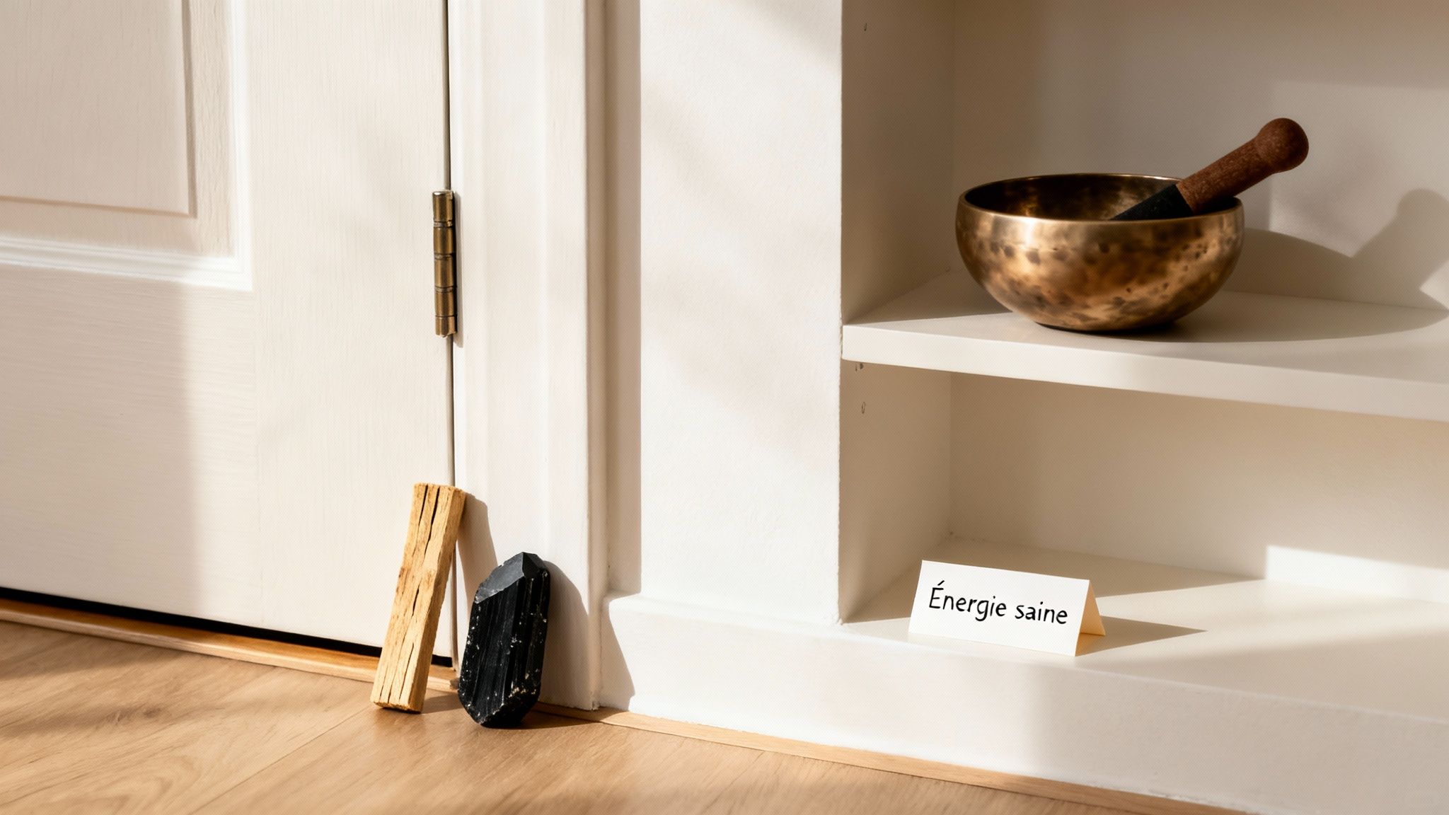 Une scène de purification avec une porte blanche, du Palo Santo, un cristal et un bol chantant, symbolisant l'énergie saine.