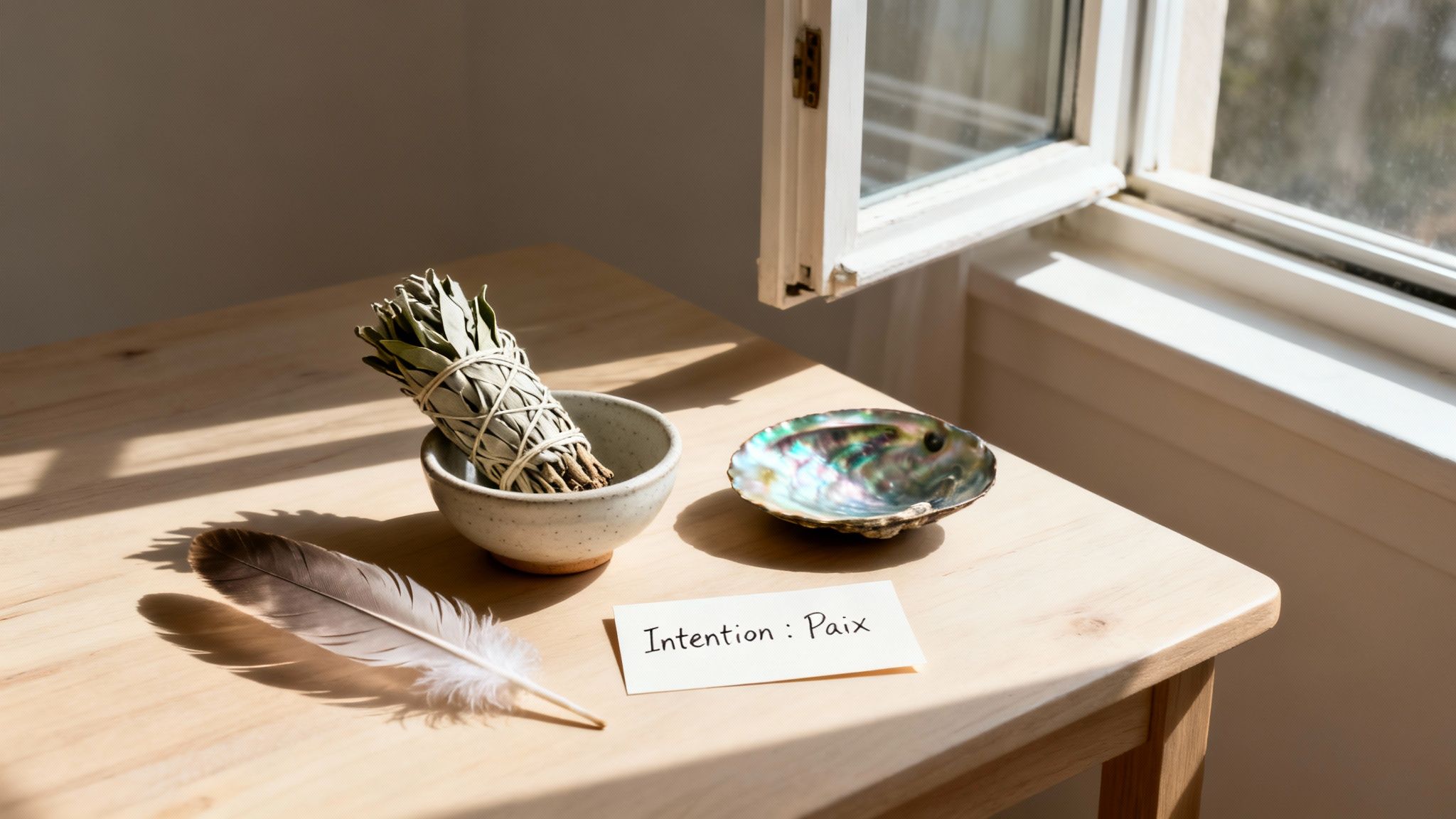 Sauge blanche, coquillage d'ormeau, plume et carte "Intention : Paix" sur une table en bois près d'une fenêtre.