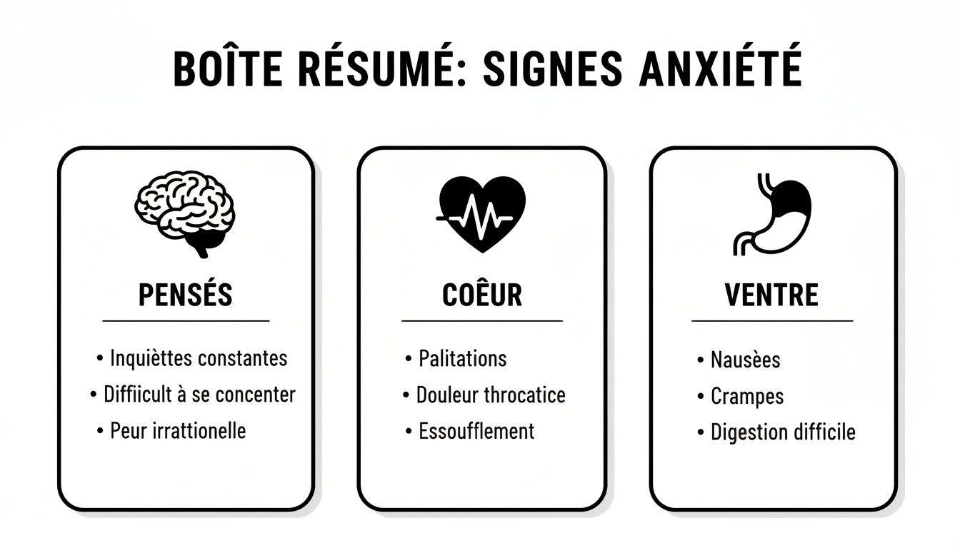 Infographie résumant les signes d'anxiété, classés par symptômes liés aux pensées, au cœur et au ventre.