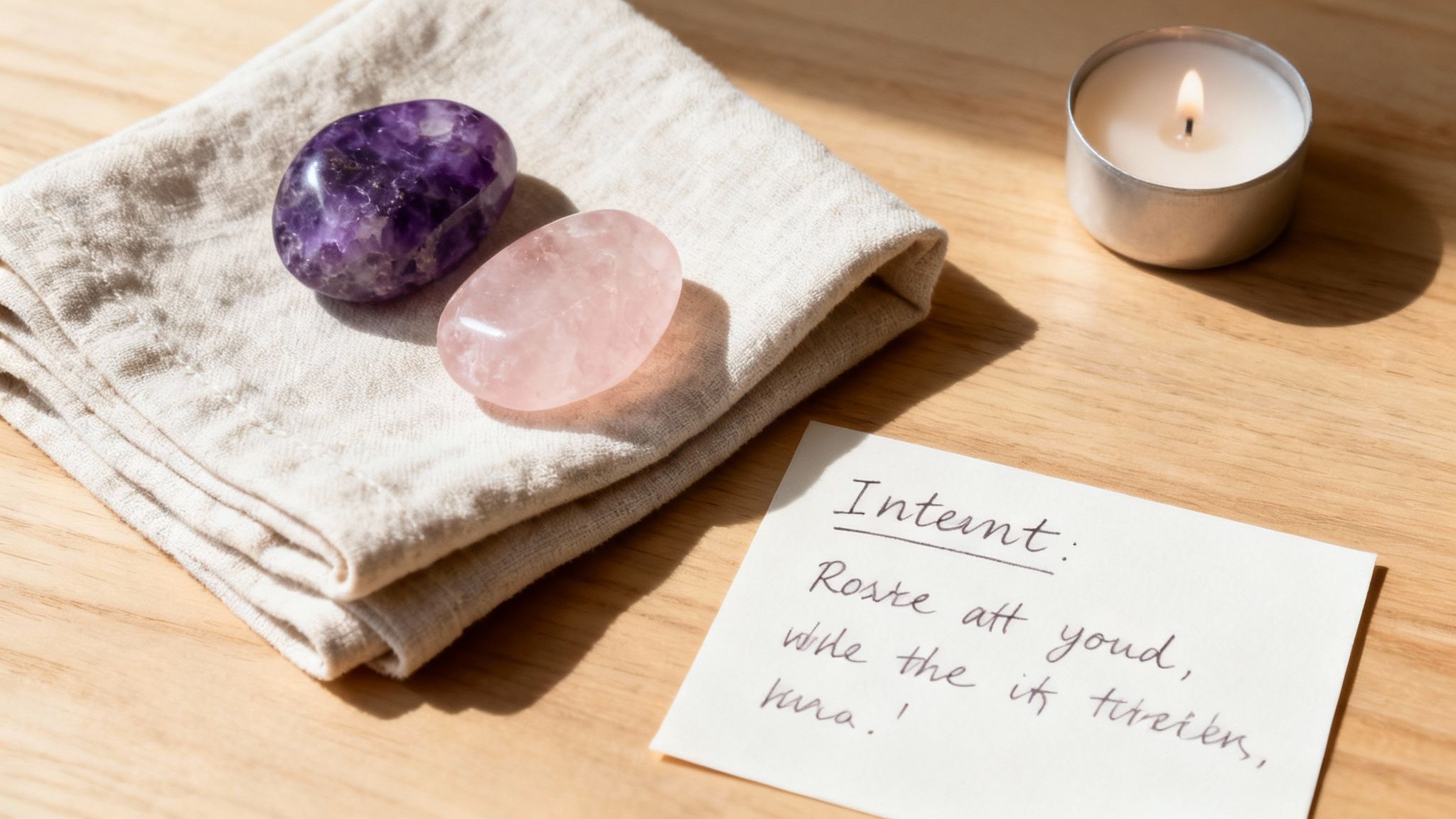 Pierres de cristal améthyste et quartz rose sur serviette avec bougie et carte d'intention pour la méditation