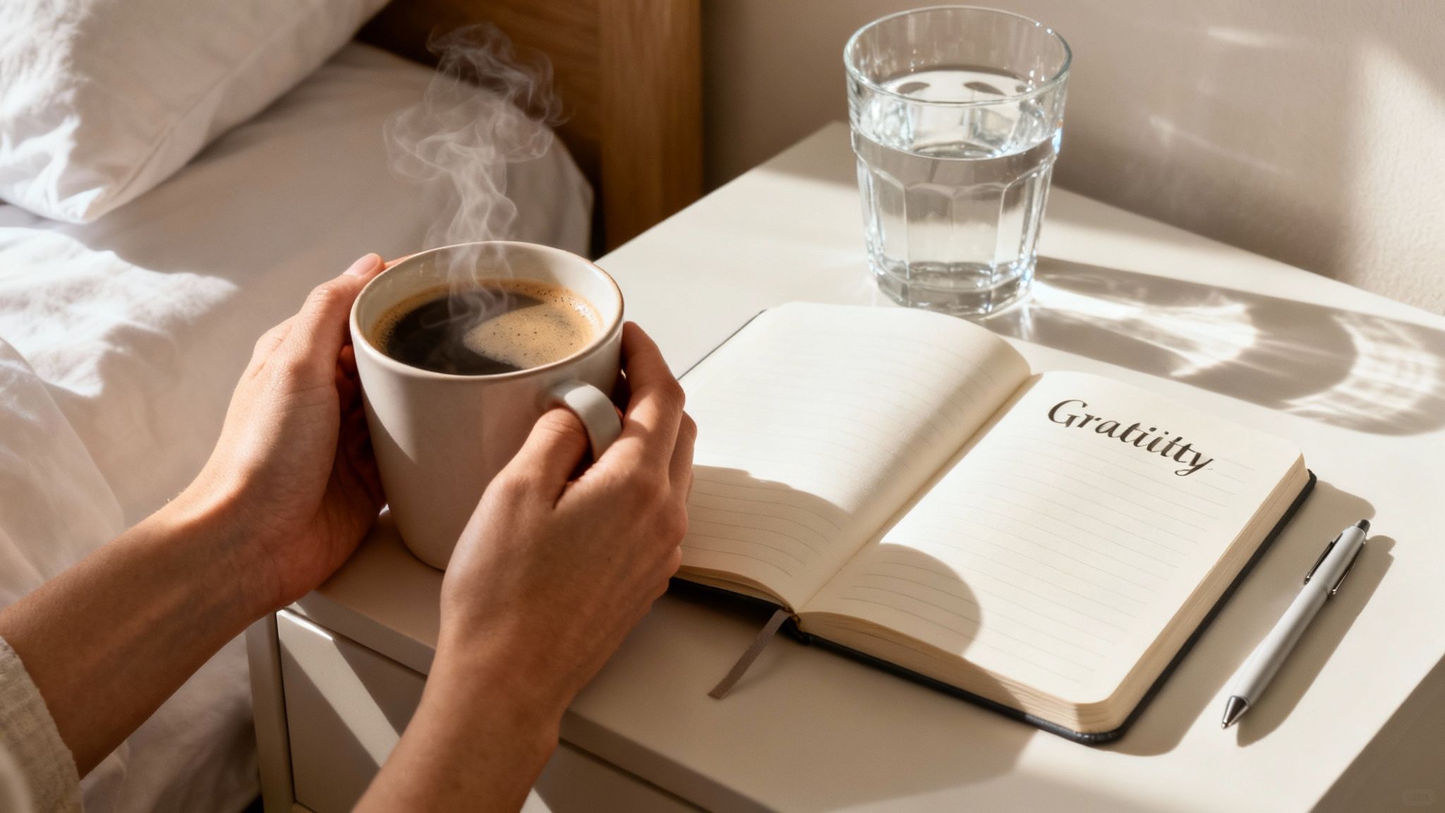 Main tenant une tasse de café fumant près d'un journal de gratitude ouvert et un verre d'eau