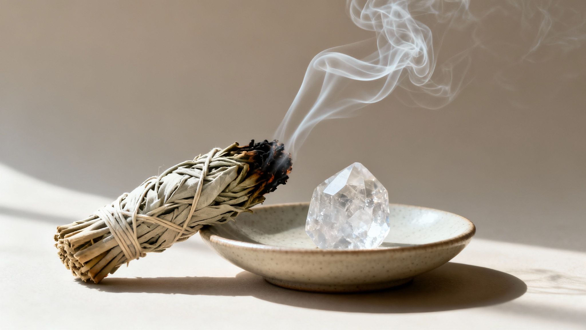 Bâton de sauge blanche en train de brûler, avec de la fumée, à côté d'un cristal de quartz sur une soucoupe.