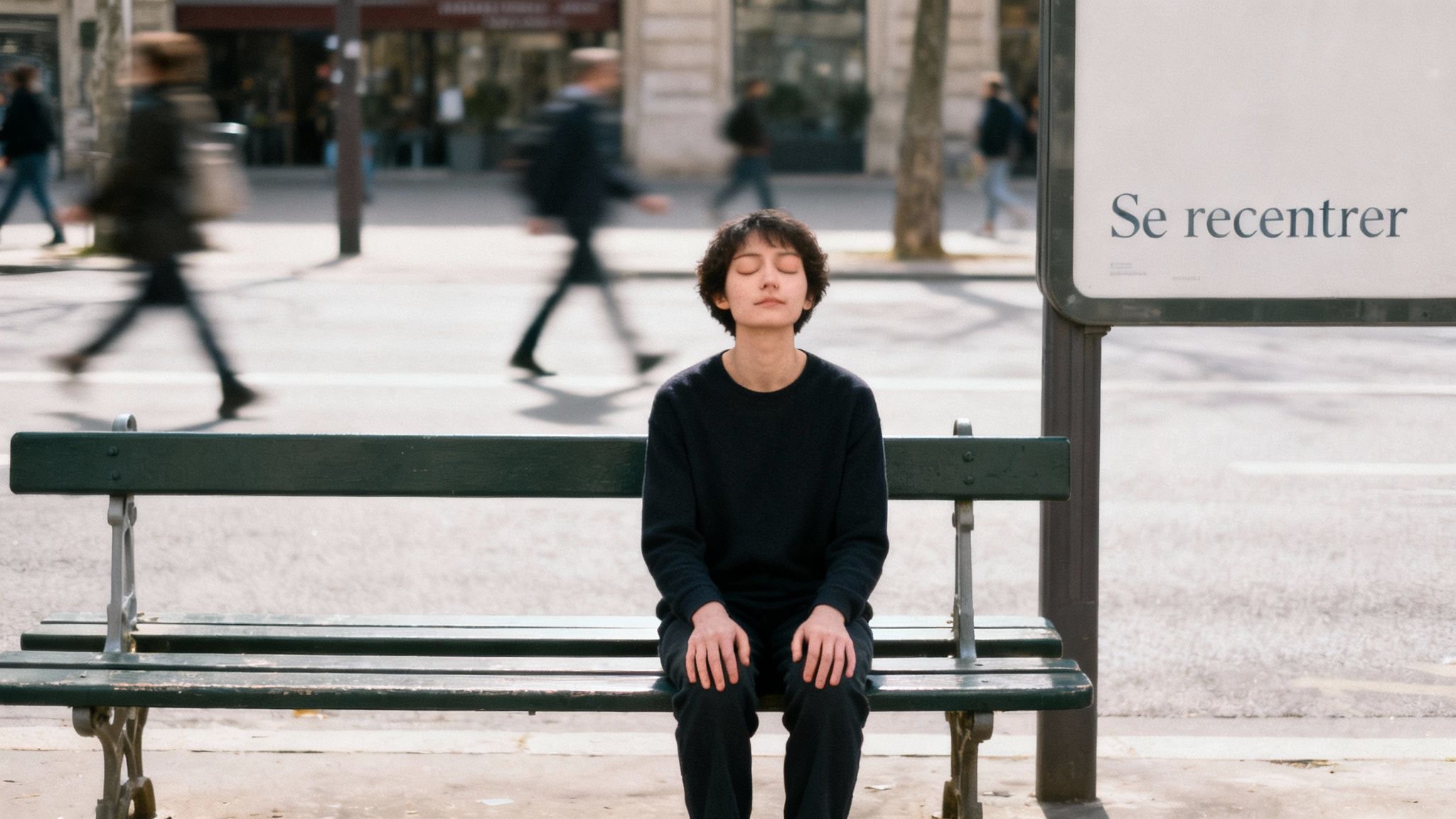 Une personne médite sur un banc public, les yeux fermés, au milieu de la ville animée.
