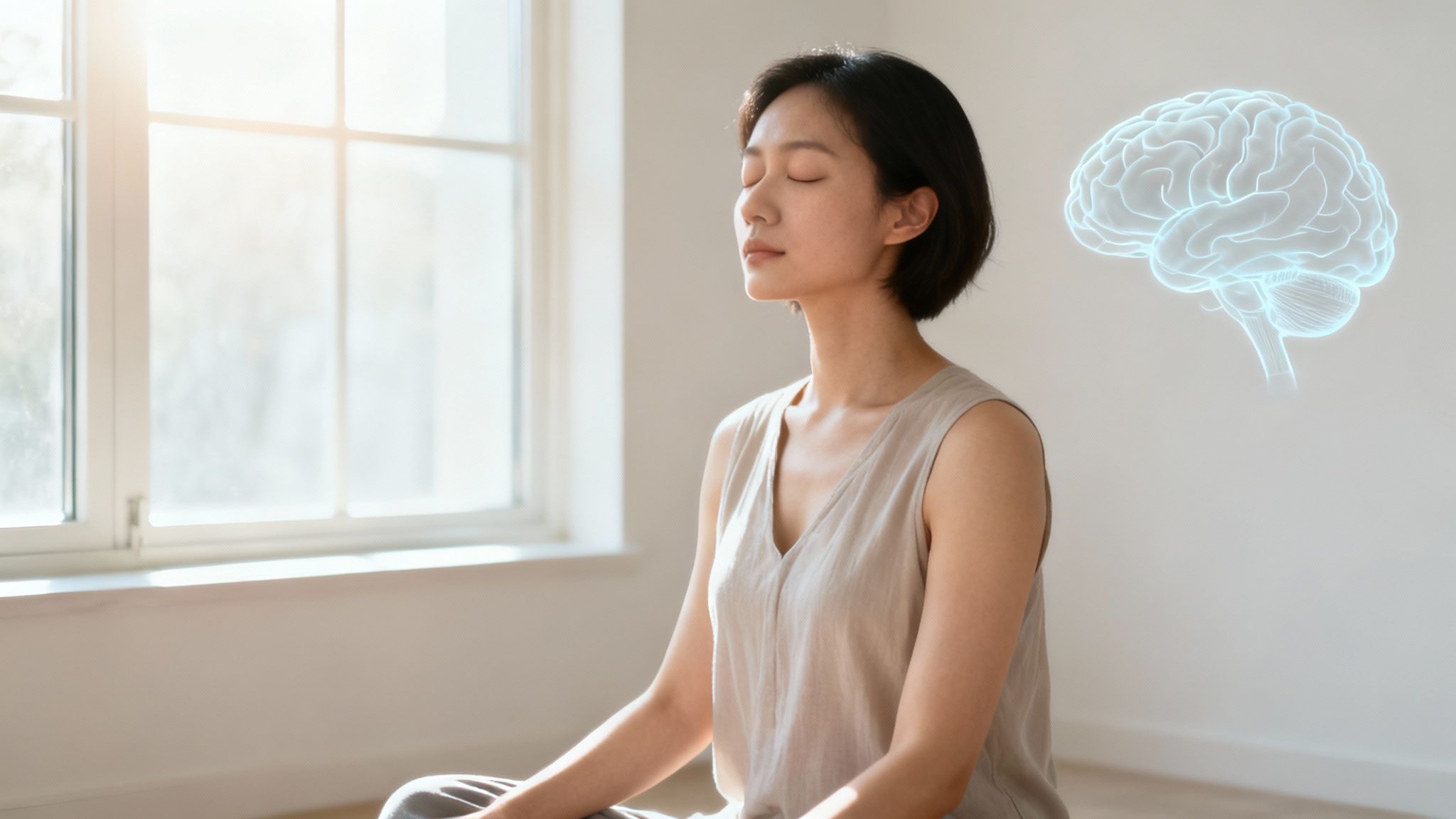 Une femme asiatique médite les yeux fermés dans une pièce lumineuse, avec un cerveau lumineux flottant.
