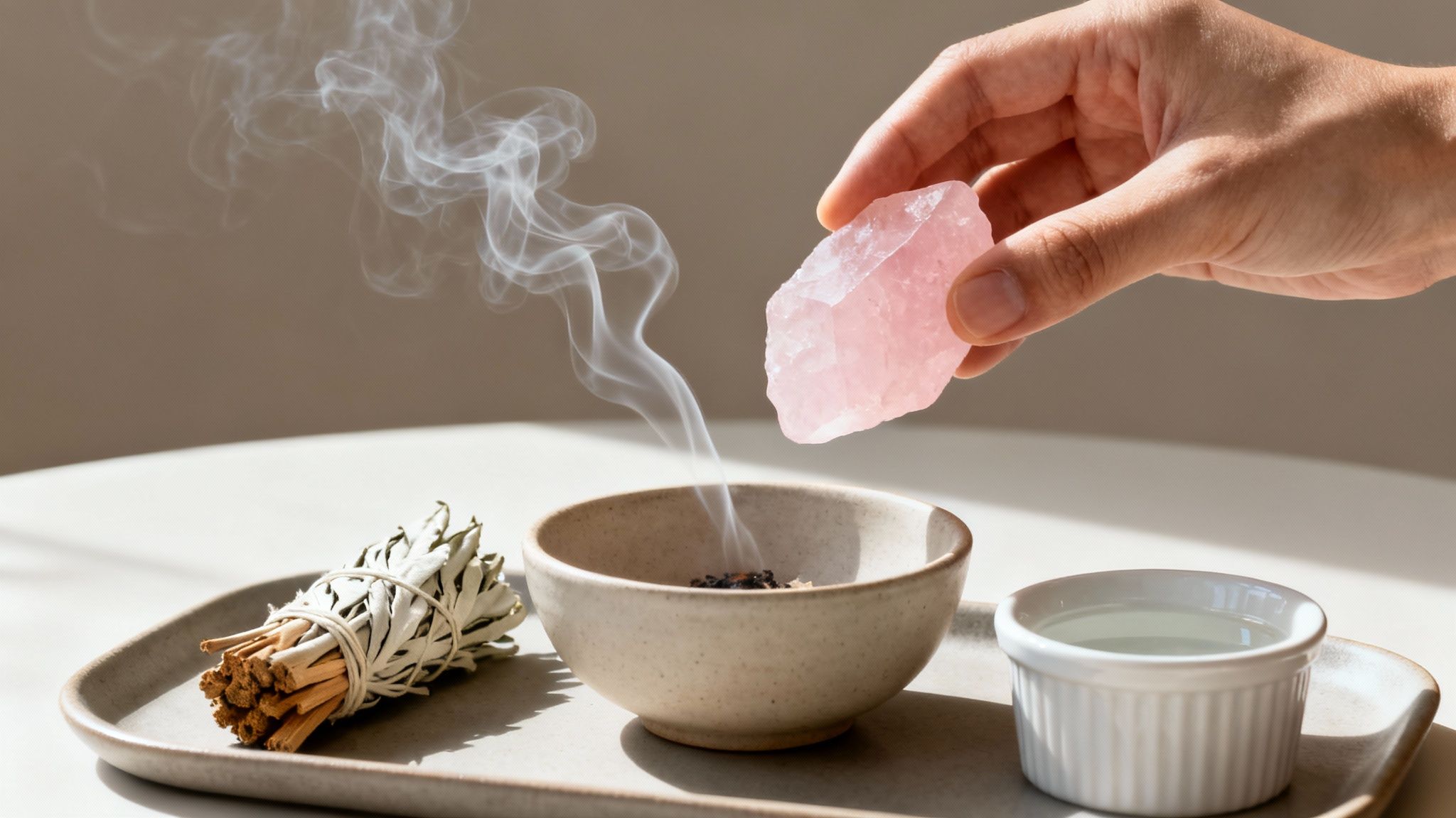 Main tenant un quartz rose au-dessus d'un bol fumant, avec de la sauge blanche et de l'eau sur un plateau.