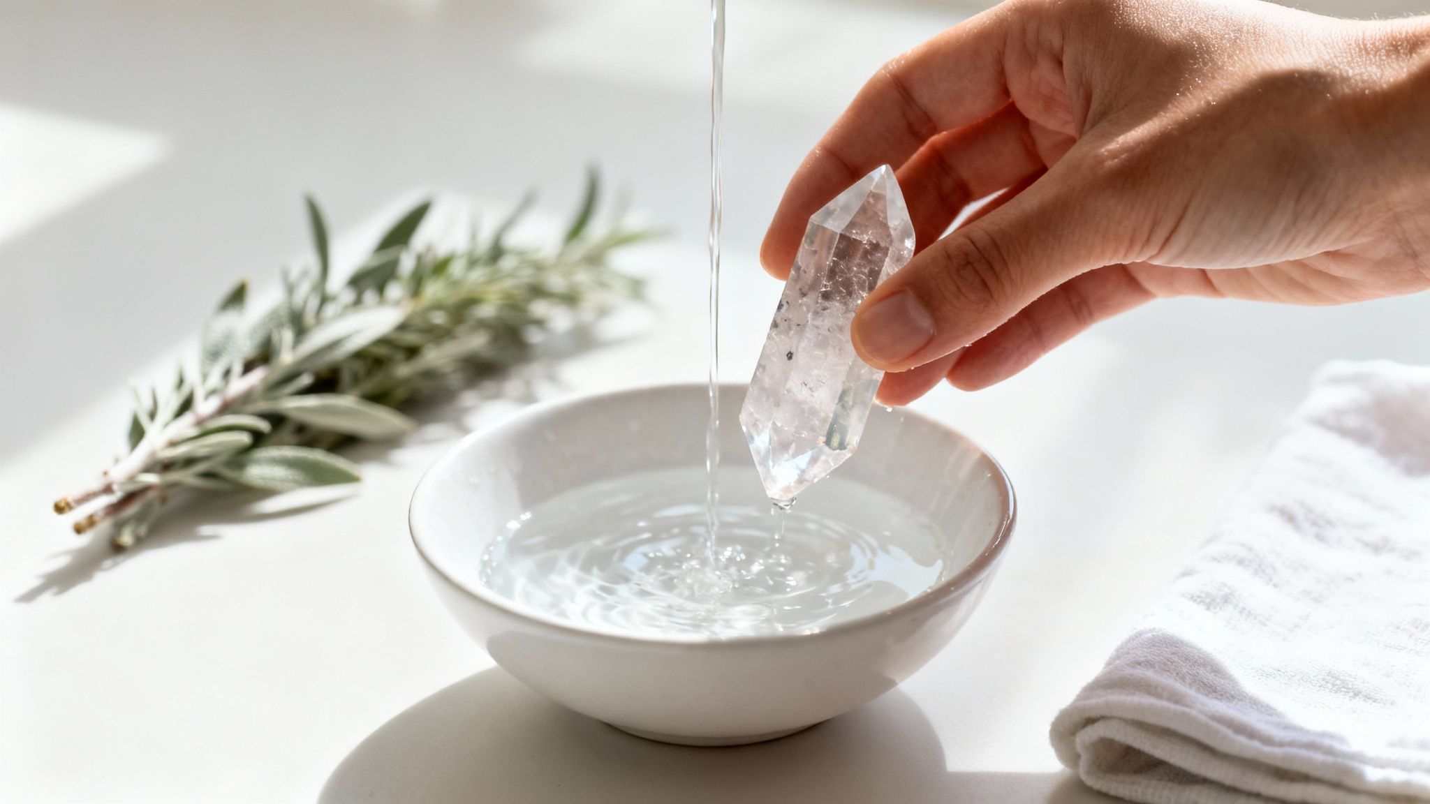 Une main tient un cristal de roche sous un filet d'eau pure, qui tombe dans un bol blanc, entouré d'herbes et d'une serviette.