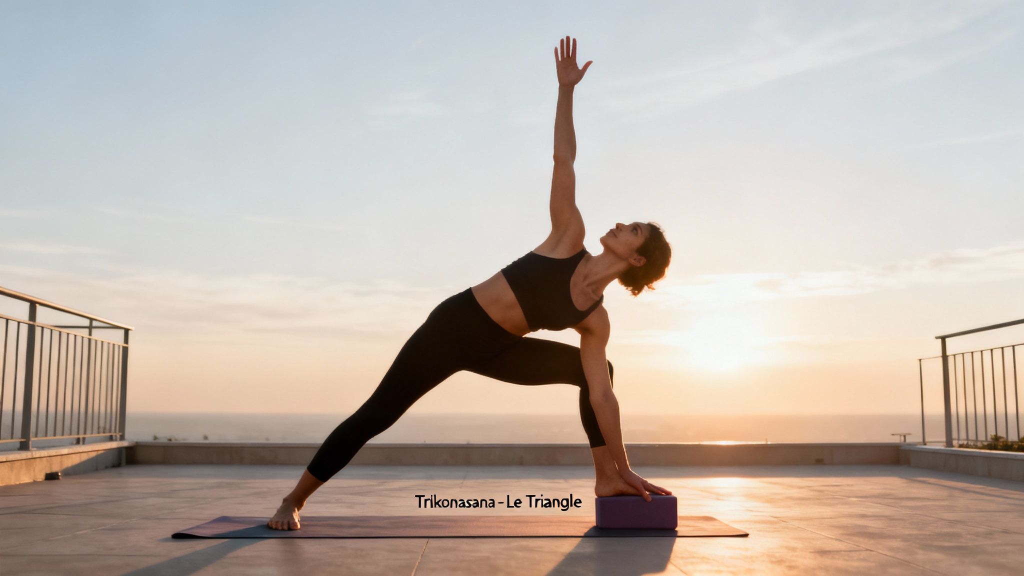 Femme pratique la posture de yoga Trikonasana (Triangle) sur un toit au coucher du soleil avec vue sur la mer.