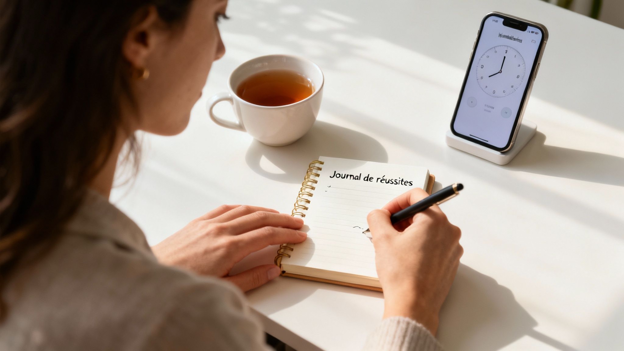 Femme écrivant dans un journal de réussites avec du thé et un téléphone sur le bureau