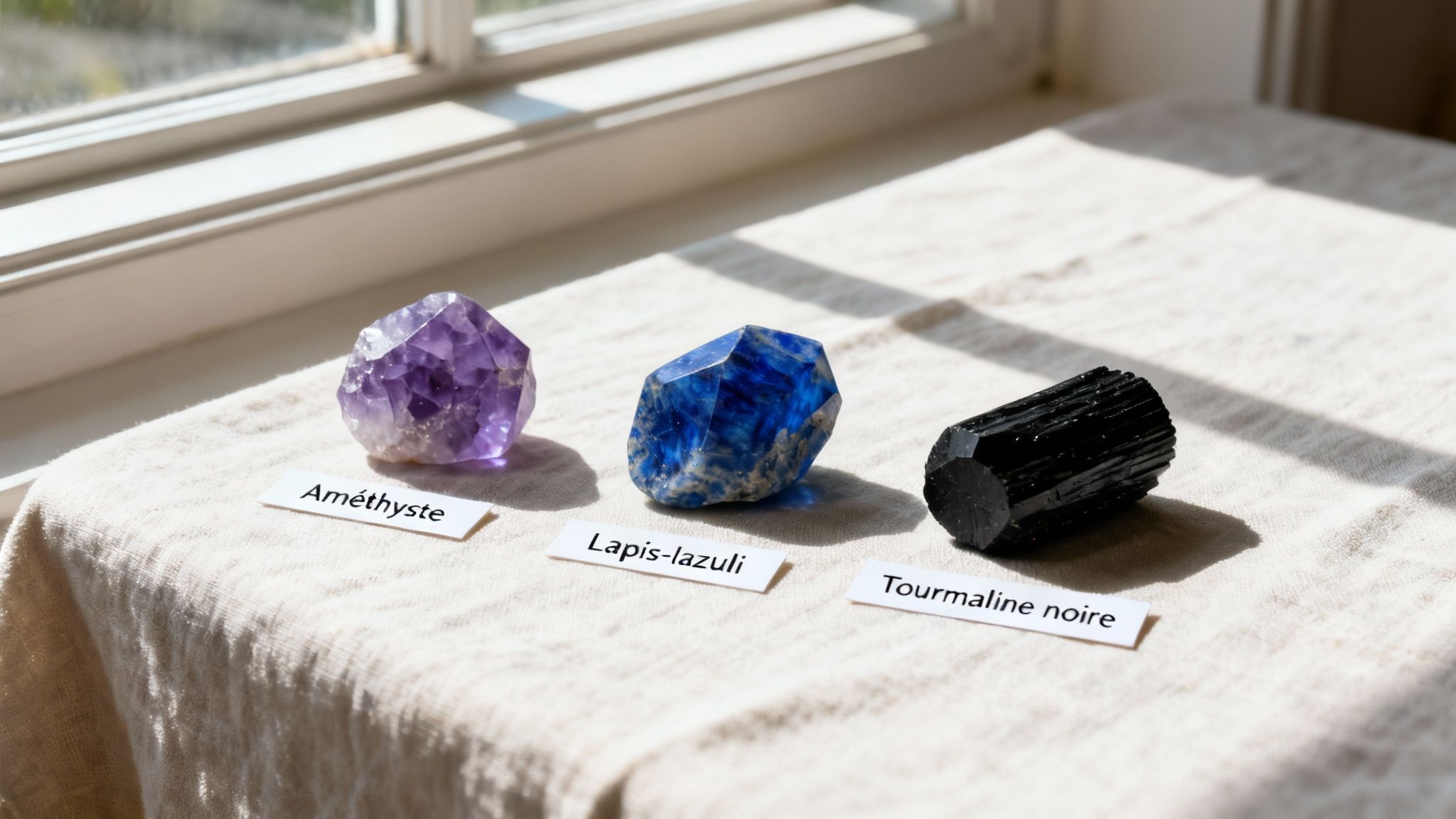 Trois cristaux, améthyste, lapis-lazuli et tourmaline noire, avec étiquettes, sur un tissu près d'une fenêtre ensoleillée.