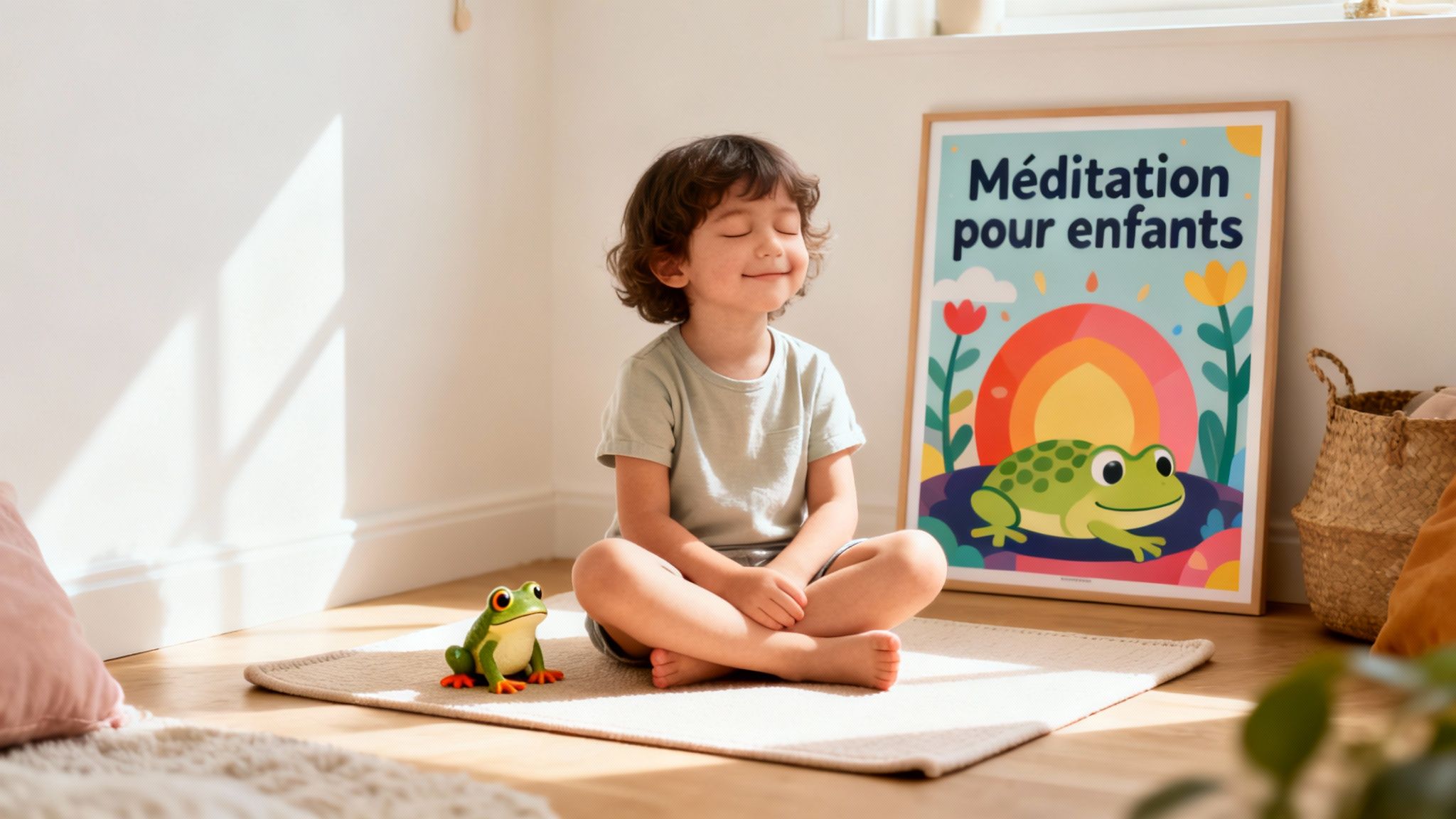 Un jeune garçon médite les yeux fermés avec une grenouille et une affiche de méditation pour enfants.