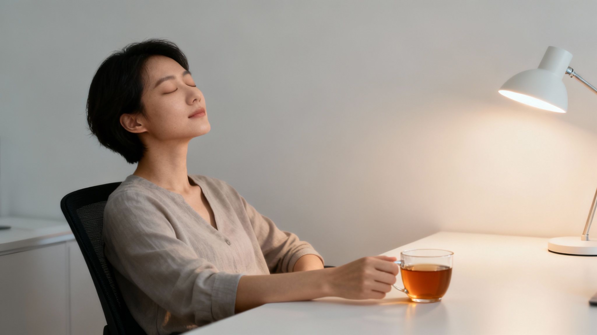 Femme asiatique détendue savourant une tasse de thé chaud à son bureau