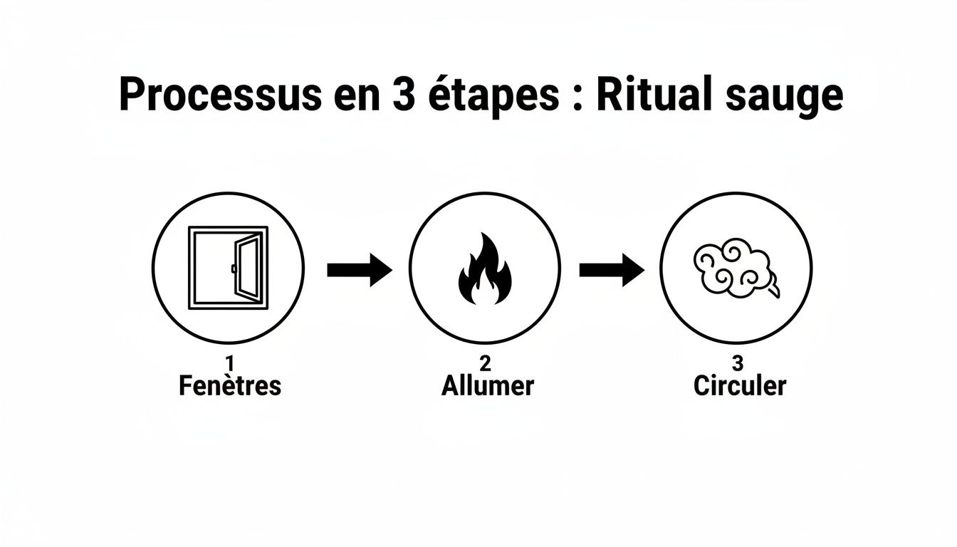 Infographie montrant les 3 étapes d'un rituel de purification à la sauge : ouvrir les fenêtres, allumer la sauge et faire circuler la fumée.