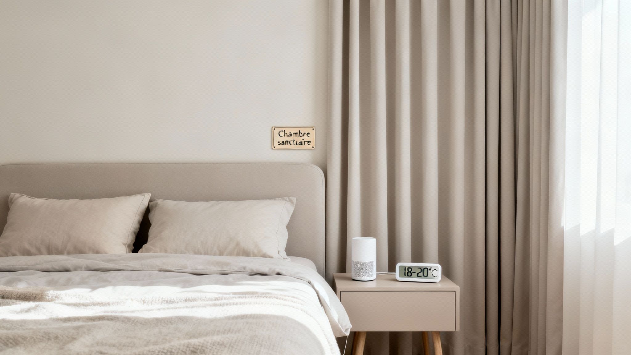 Chambre à coucher paisible avec lit beige, rideaux, table de chevet et horloge numérique affichant la température.