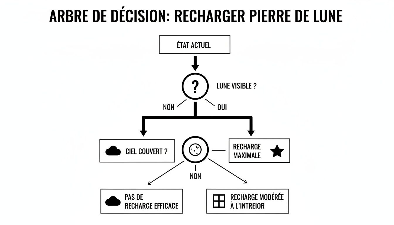Diagramme de flux décisionnel détaillant comment recharger une pierre de lune en fonction de la visibilité de la lune et du ciel.