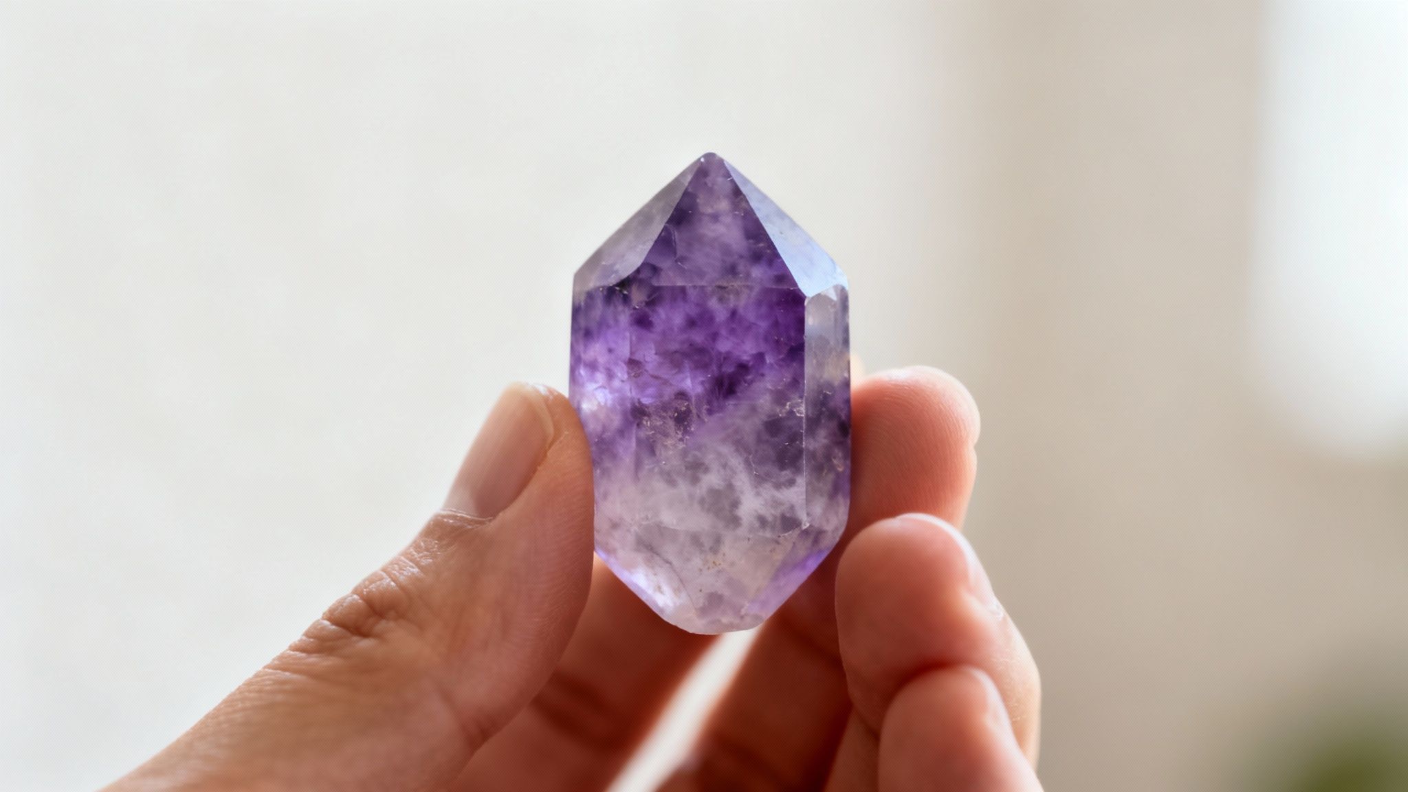 Une main tient fermement une pointe de cristal d'améthyste violette et blanche, sur un fond clair et doux.