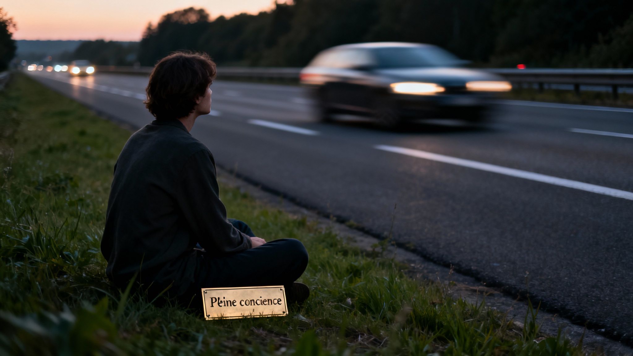 Personne assise au bord d'une autoroute au crépuscule, voiture floue, panneau 'Pleine conscience'.