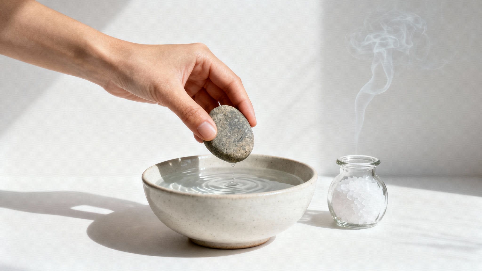 Une personne purifiant des pierres naturelles avec de la sauge blanche