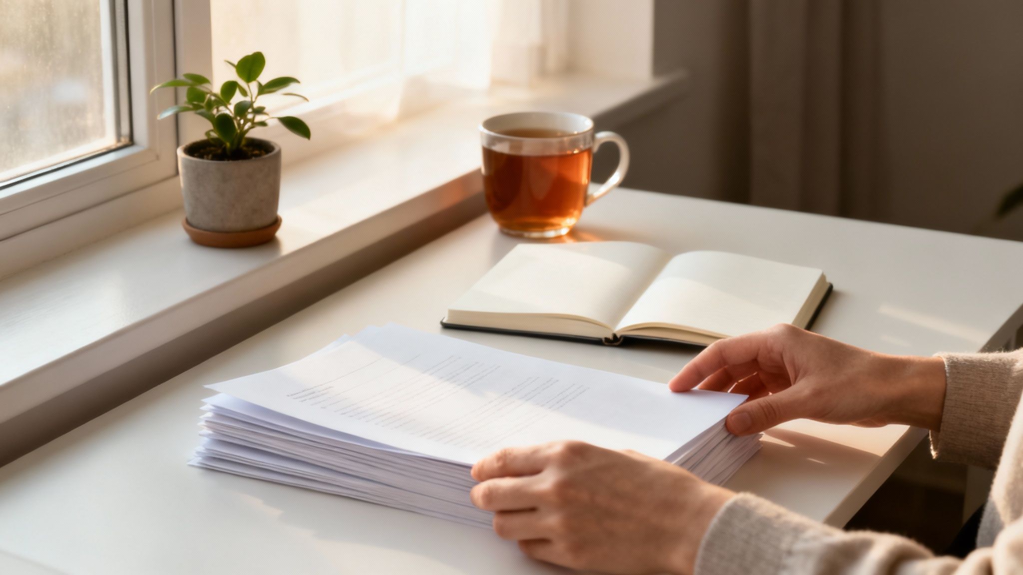 Mains empilant des documents sur un bureau lumineux près d'une fenêtre, d'une plante, d'un carnet ouvert et d'une tasse de thé.