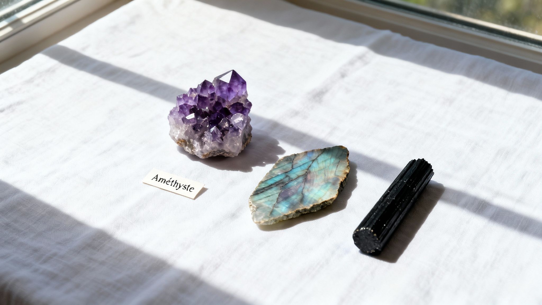 Trois cristaux, améthyste violette, labradorite irisée et tourmaline noire, posés sur un tissu blanc près d'une fenêtre ensoleillée.