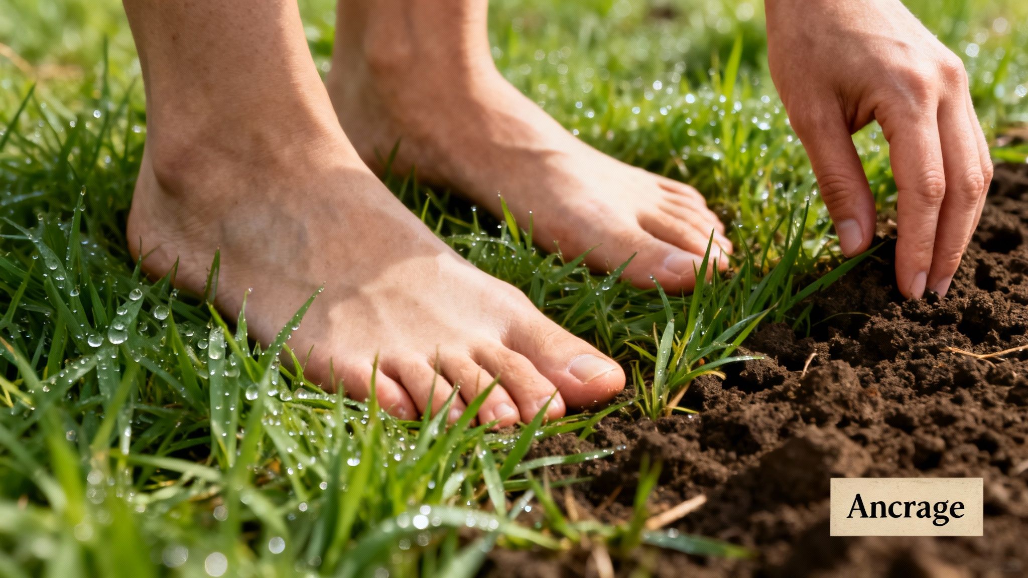 Pieds nus sur l'herbe couverte de rosée, une main douce touche la terre noire pour planter.