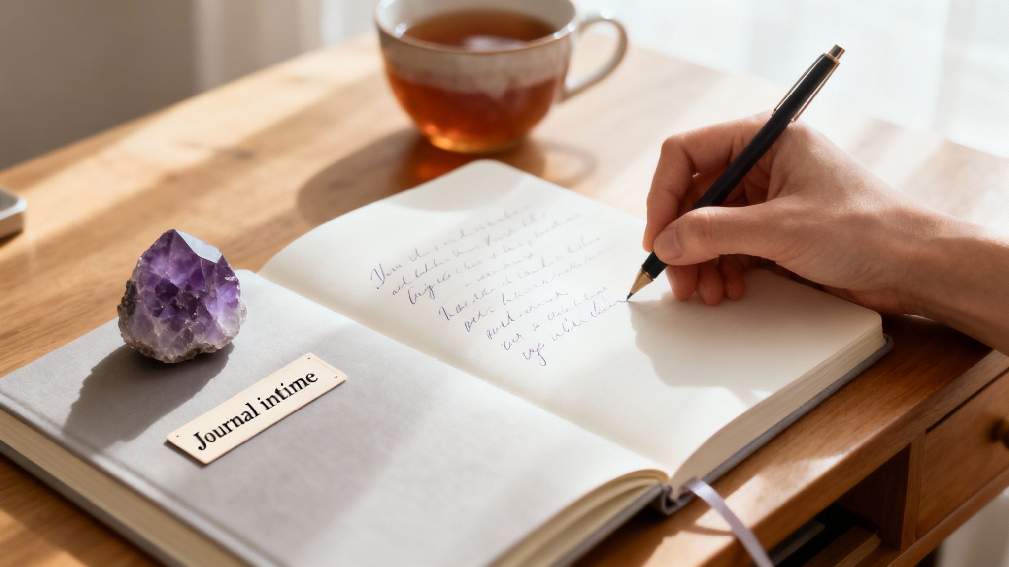 Une main écrit dans un journal intime avec un stylo, avec un cristal d'améthyste et une tasse de thé à côté.