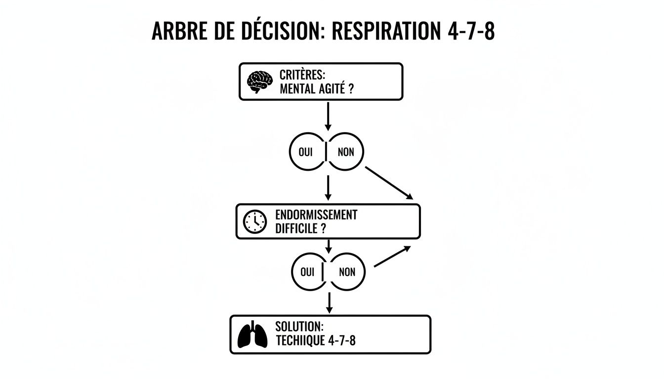 Arbre de décision pour la technique de respiration 4-7-8, aidant à gérer l'agitation mentale et les difficultés d'endormissement.