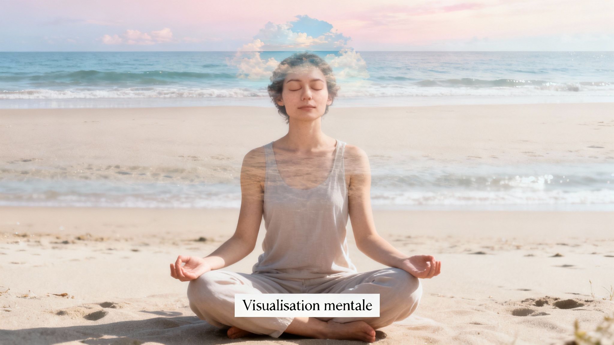 Femme méditant paisiblement sur une plage, visualisant des nuages clairs au-dessus de sa tête.