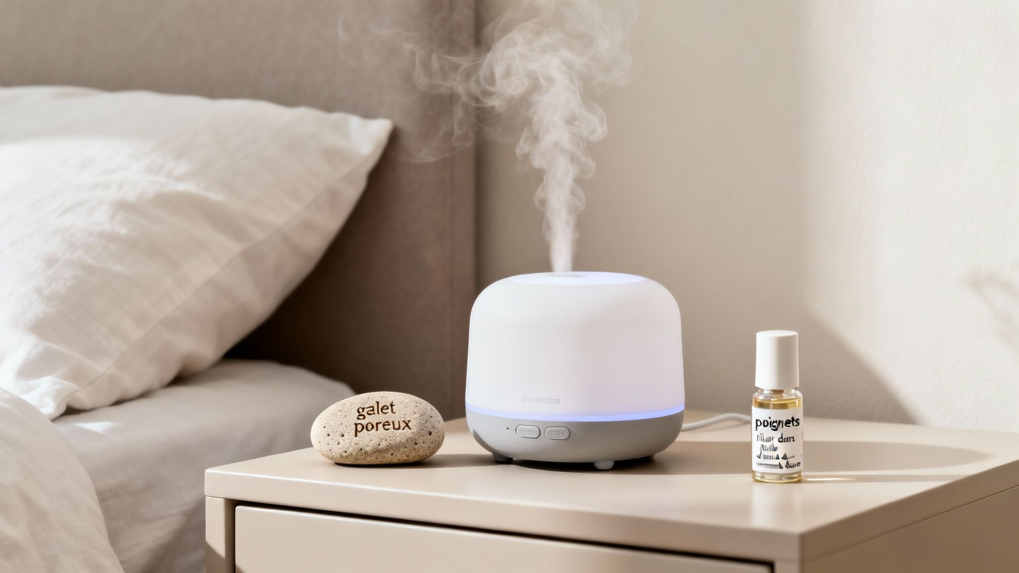 Un diffuseur d'huiles essentielles avec de la brume, un galet et une fiole sur une table de chevet près d'un lit.
