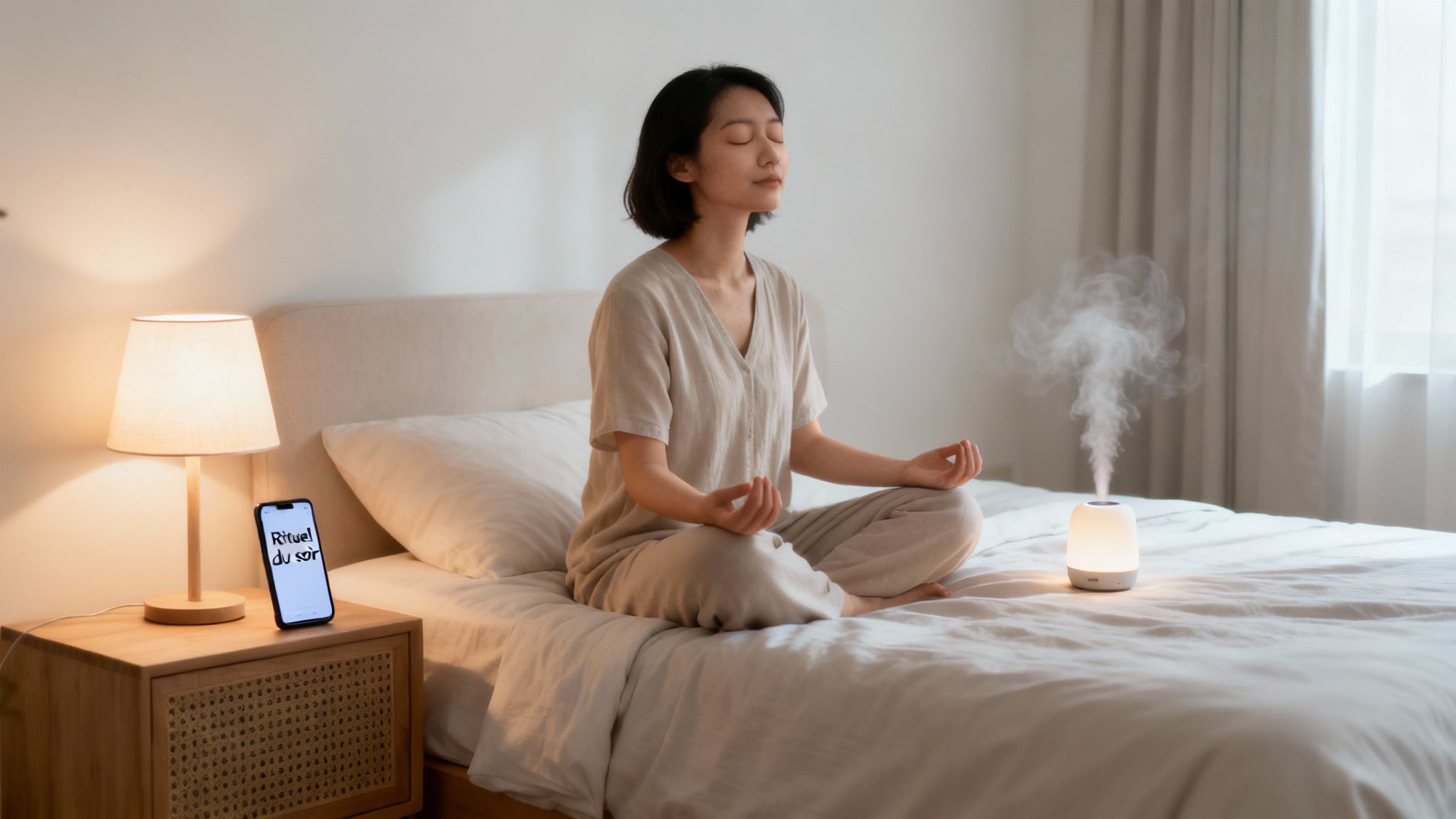 Femme méditant paisiblement sur un lit avec un diffuseur d'huiles essentielles et un téléphone affichant "Rituel du soir" pour la relaxation.