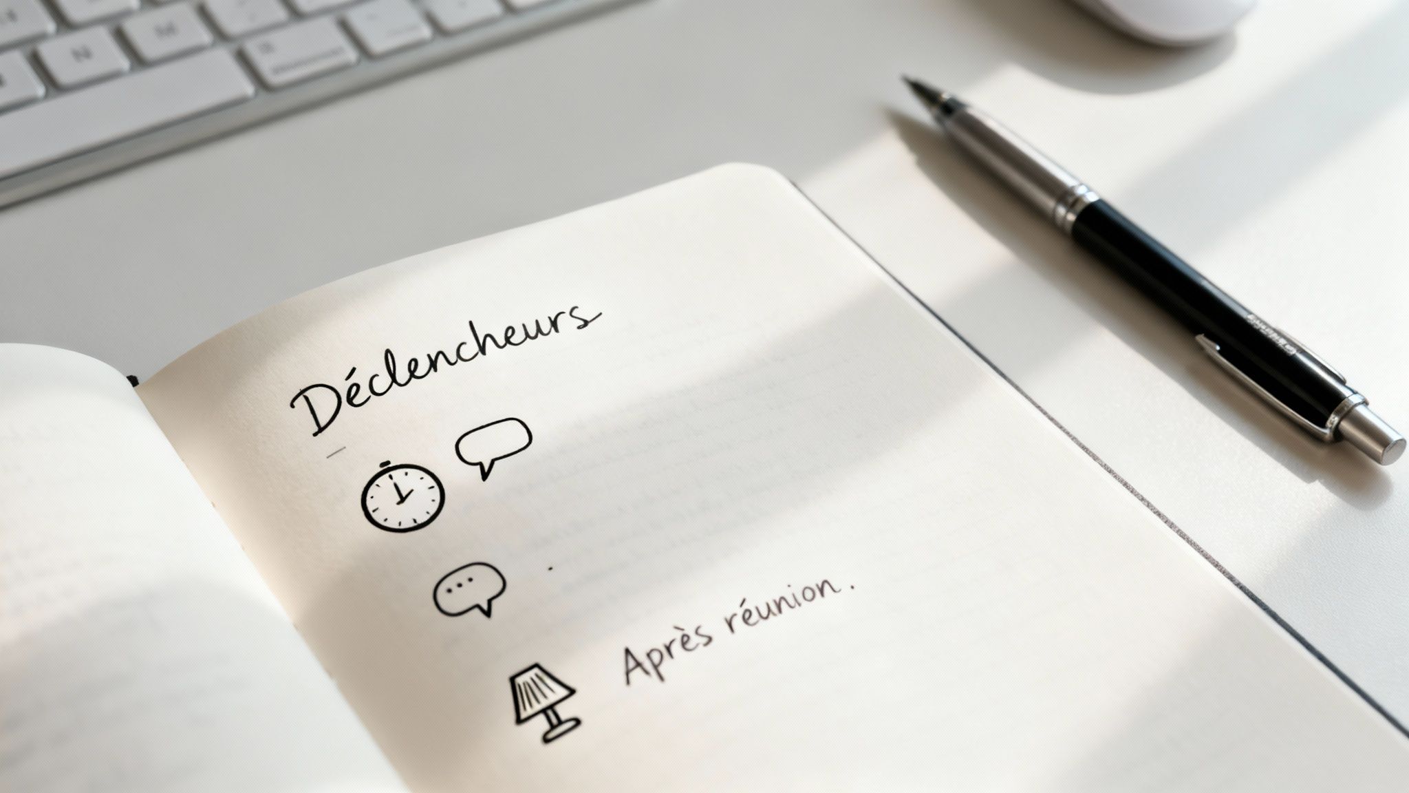Carnet ouvert sur un bureau avec un stylo, montrant le mot 'Déclencheurs', des icônes (horloge, bulles) et 'Après réunion'.