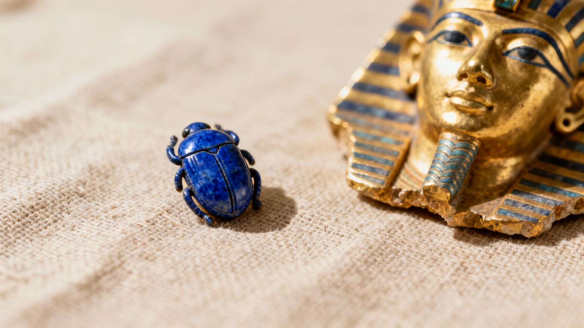 Un scarabée bleu en lapis lazuli est posé à côté d'un fragment de masque de pharaon doré, sur un tissu beige.