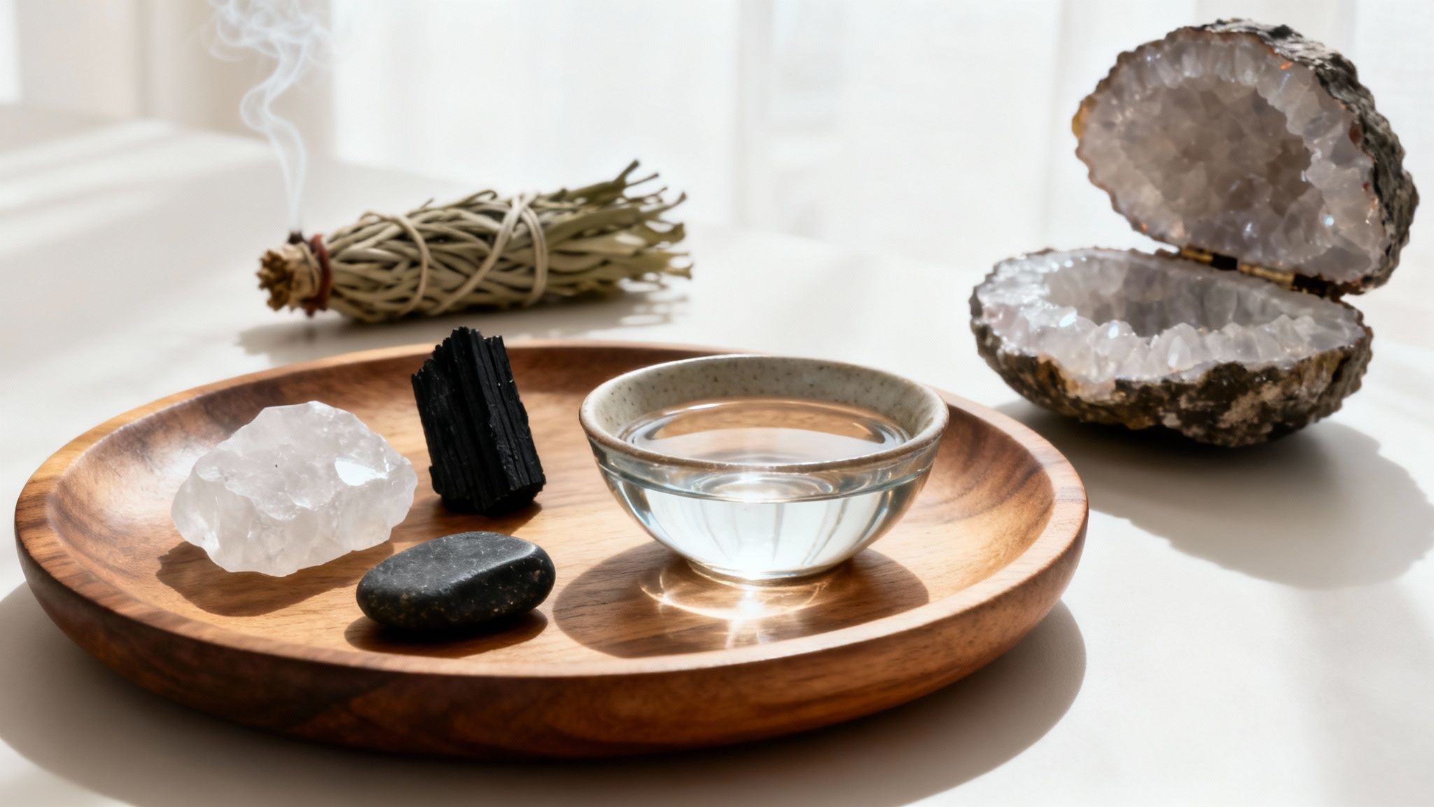 Plusieurs méthodes de purification de pierres naturelles, incluant la fumigation avec de la sauge, un bol chantant et une géode de quartz.