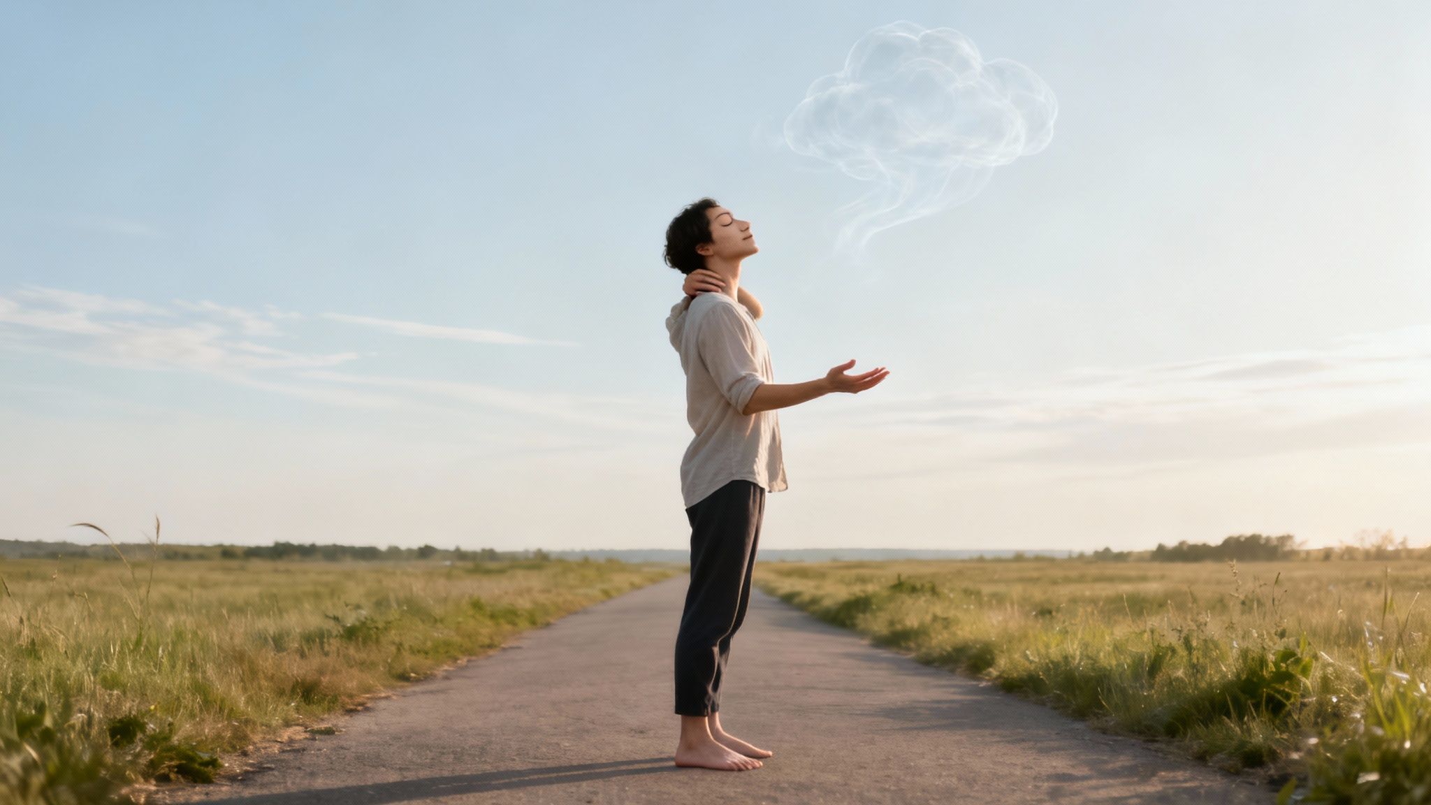 Une personne médite paisiblement sur une route de campagne, un nuage de pensées s'élevant.