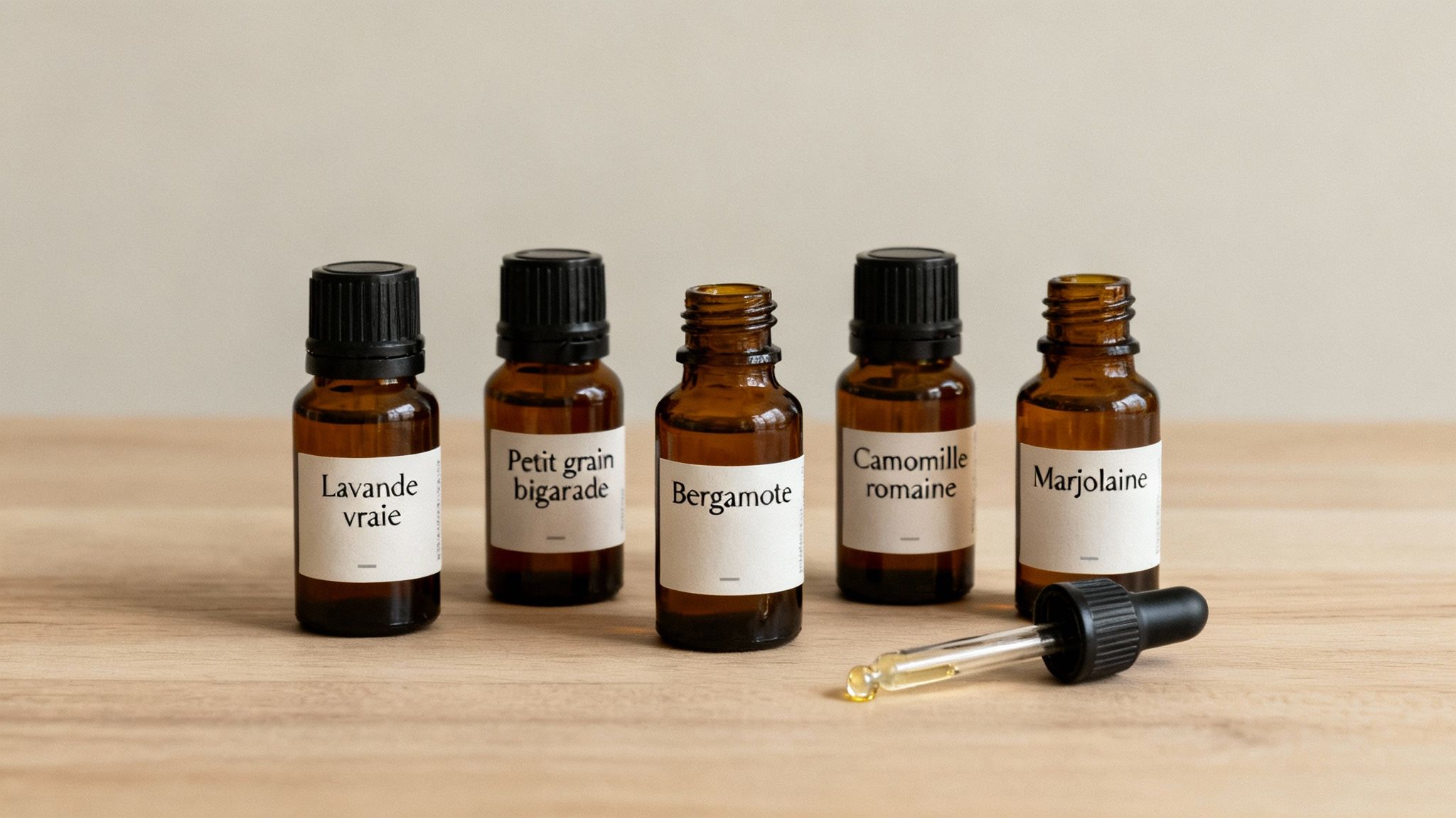 Cinq flacons d'huiles essentielles (lavande, bergamote, camomille) sur une table en bois, avec compte-gouttes.