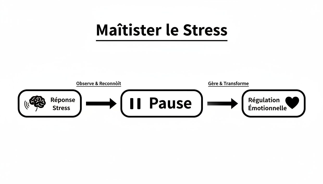 Diagramme expliquant comment maîtriser le stress: réponse, pause et régulation émotionnelle, avec des icônes explicites.