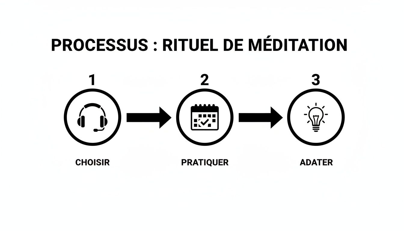 Infographie illustrant le processus d'un rituel de méditation en 3 étapes : choisir, pratiquer, adapter.