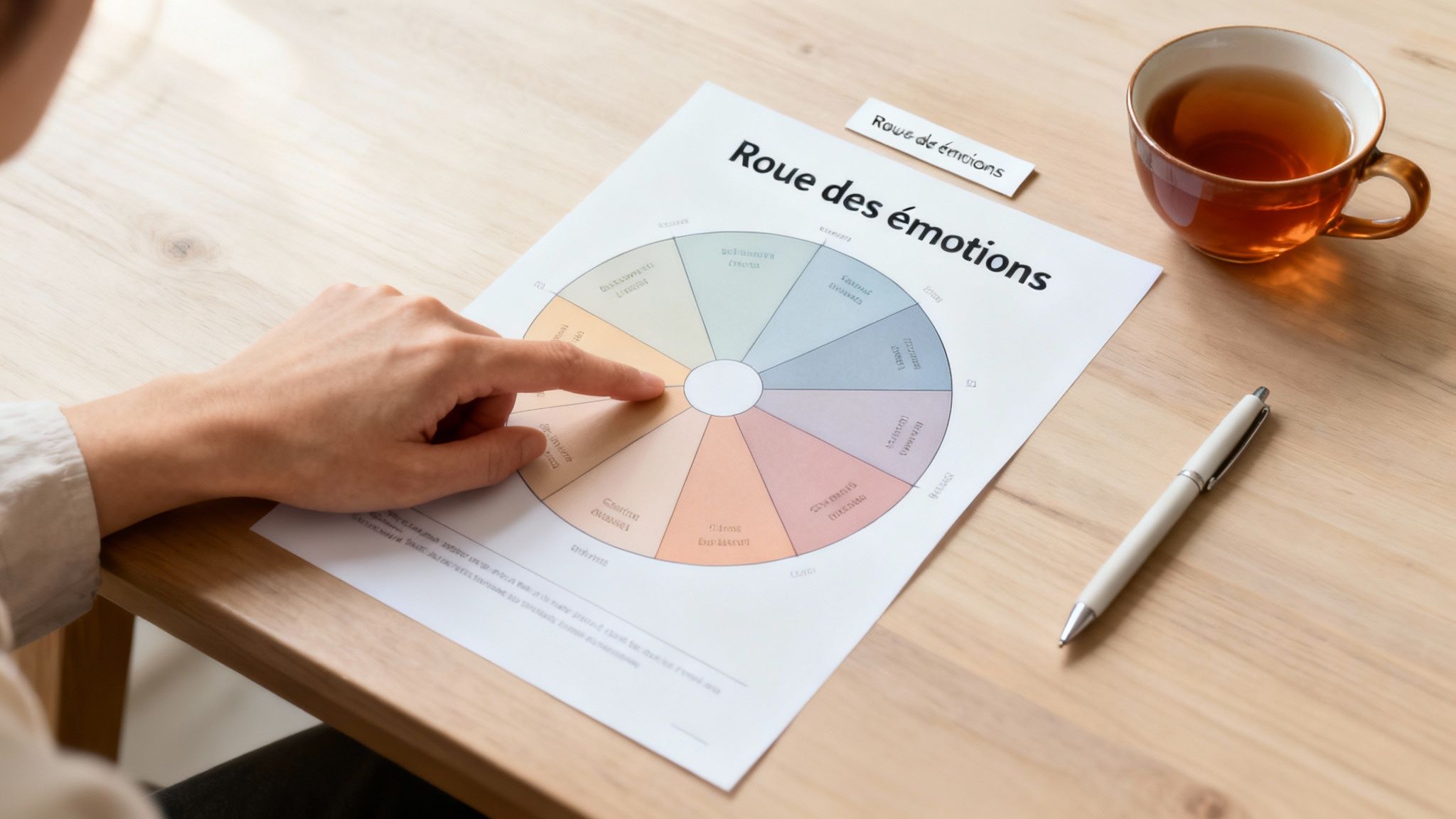 Main pointant une roue des émotions sur une table en bois, avec une tasse de thé et un stylo.