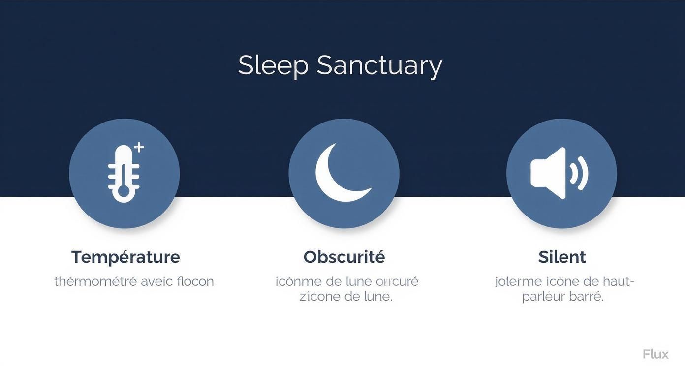 Trois icônes représentant les conditions idéales pour dormir : température fraîche, obscurité et silence