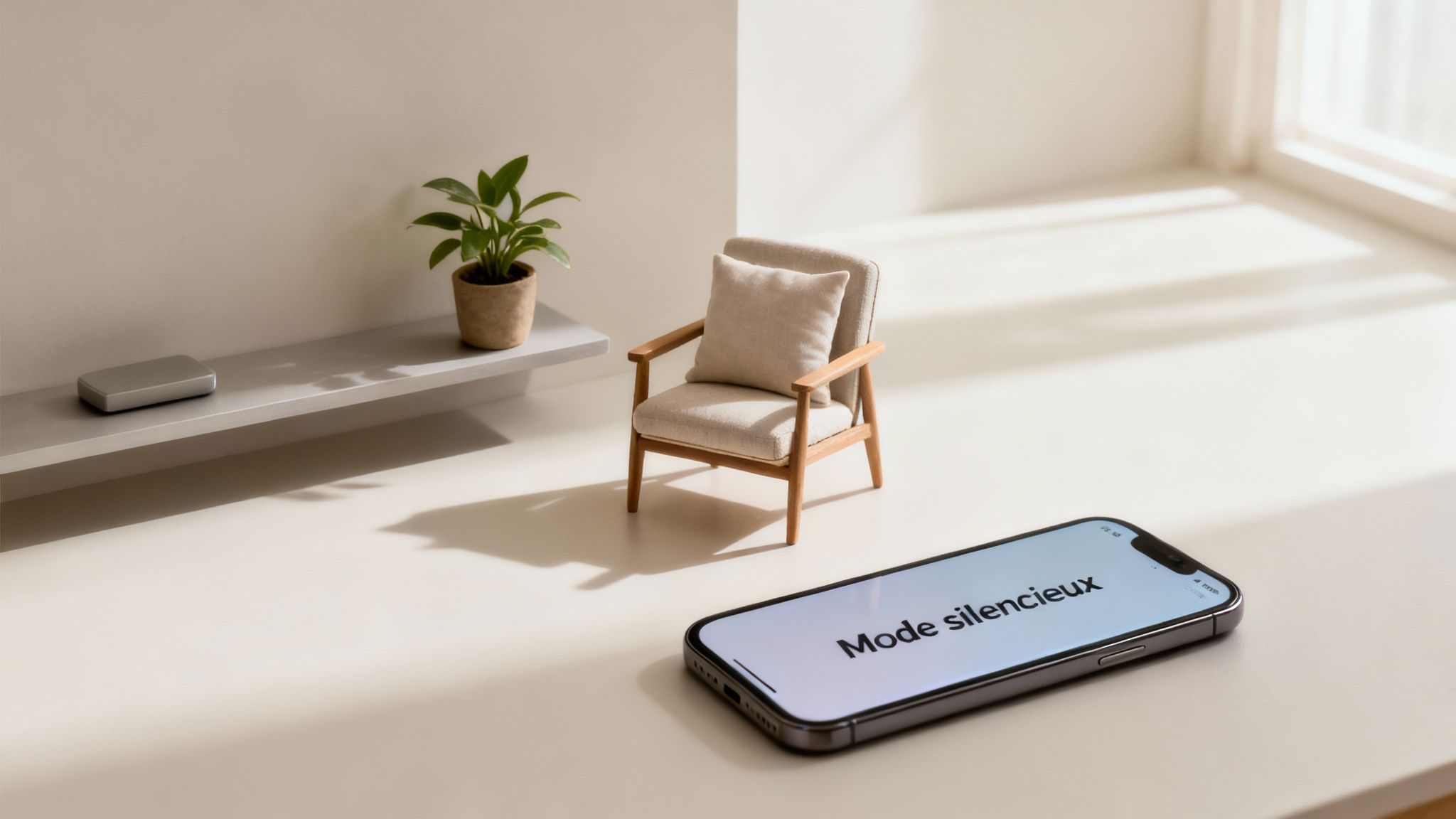 Une composition minimaliste avec un smartphone affichant « Mode silencieux », un fauteuil miniature, une plante et une étagère.