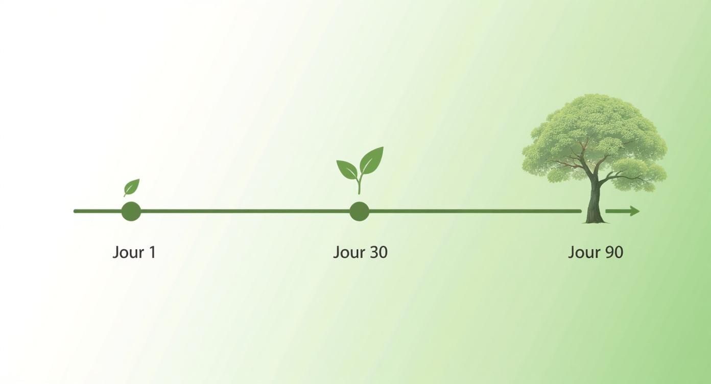 Chronologie illustrant la croissance d'une plante, d'une petite pousse à un arbre mature sur 90 jours.