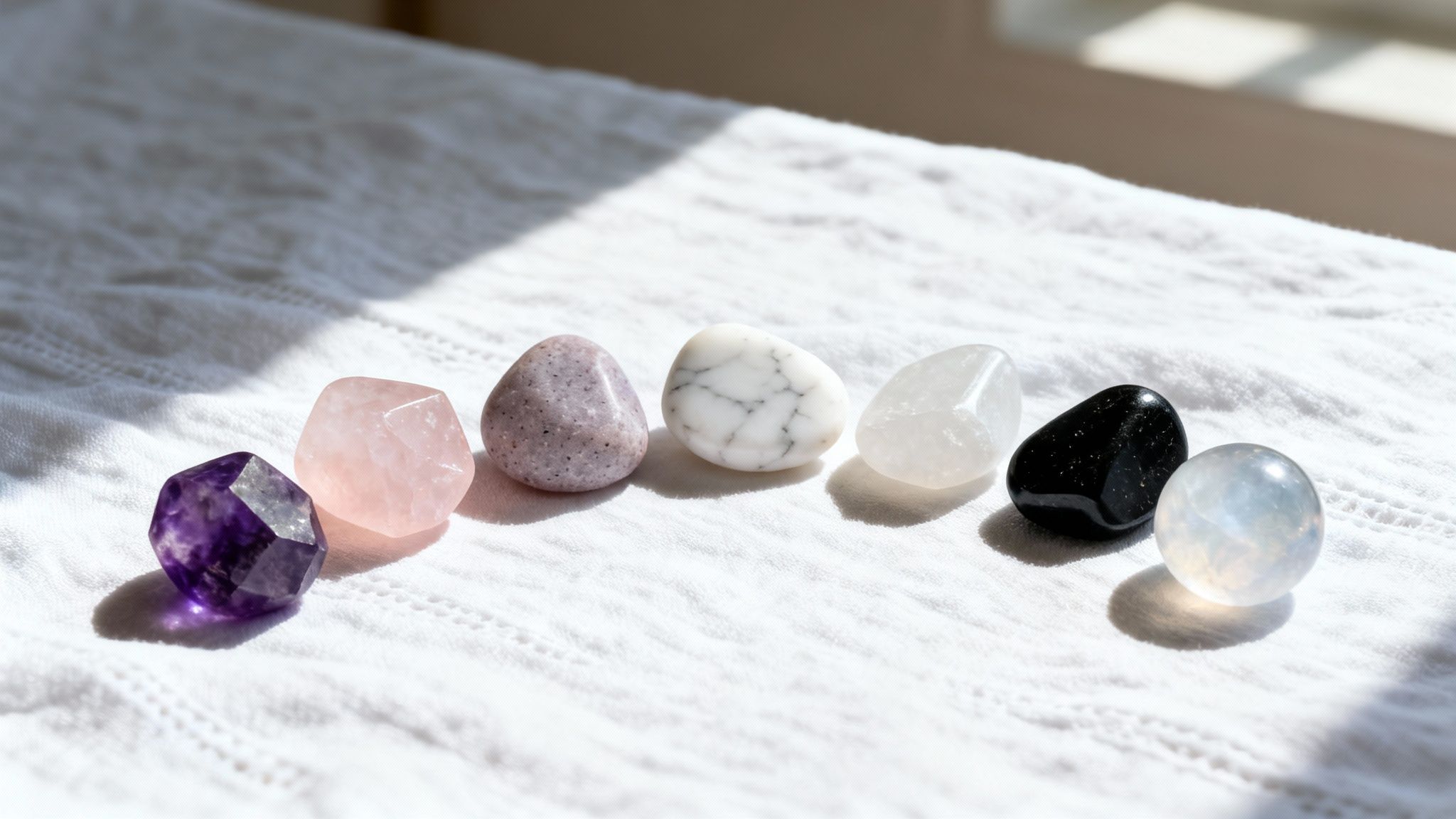 Une rangée de pierres et cristaux polis de diverses couleurs sur un tissu blanc texturé, éclairés par le soleil.