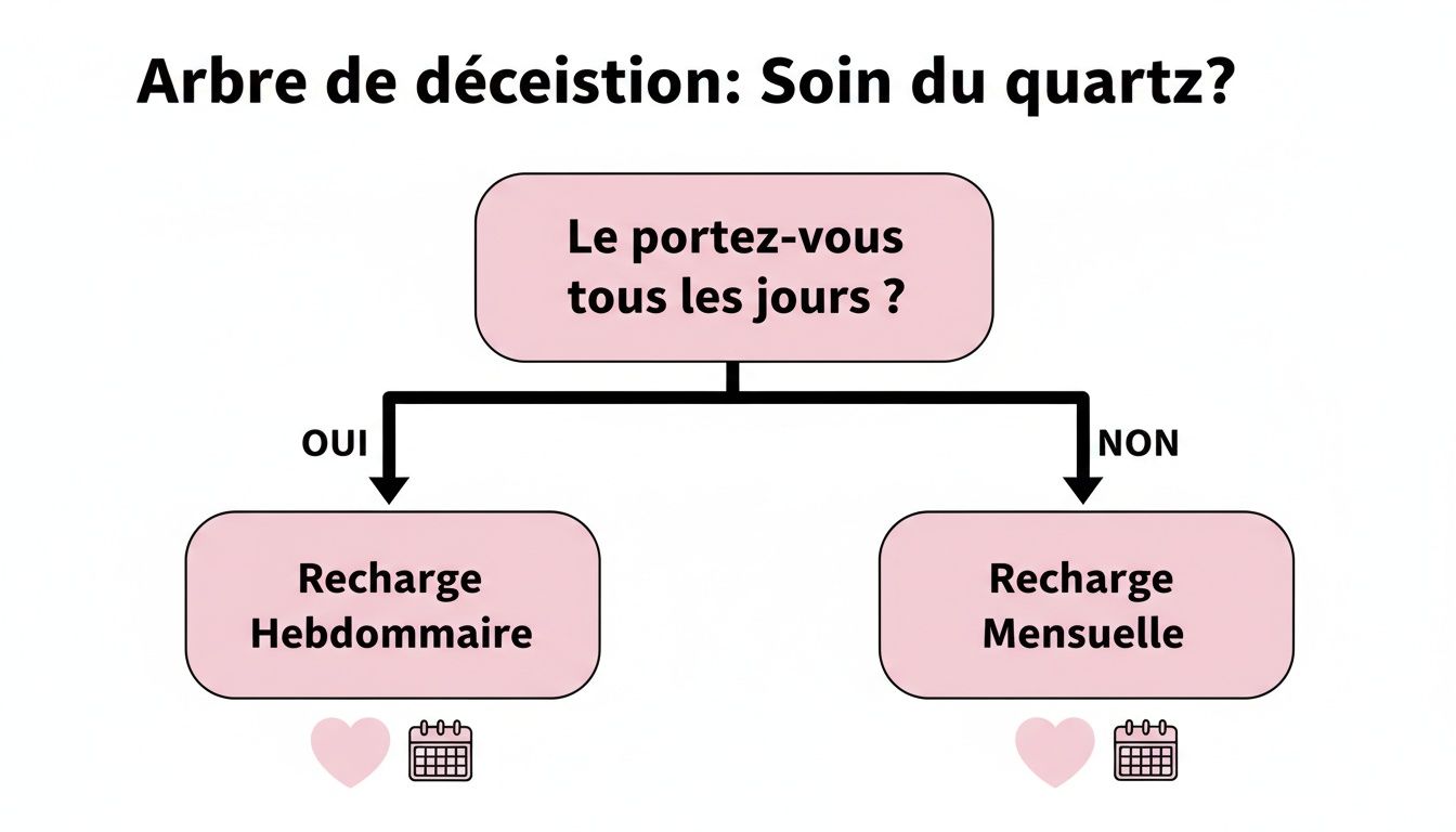 Arbre de décision pour le soin et le rechargement du quartz, déterminant la fréquence (hebdomadaire ou mensuelle) selon l'usage quotidien.