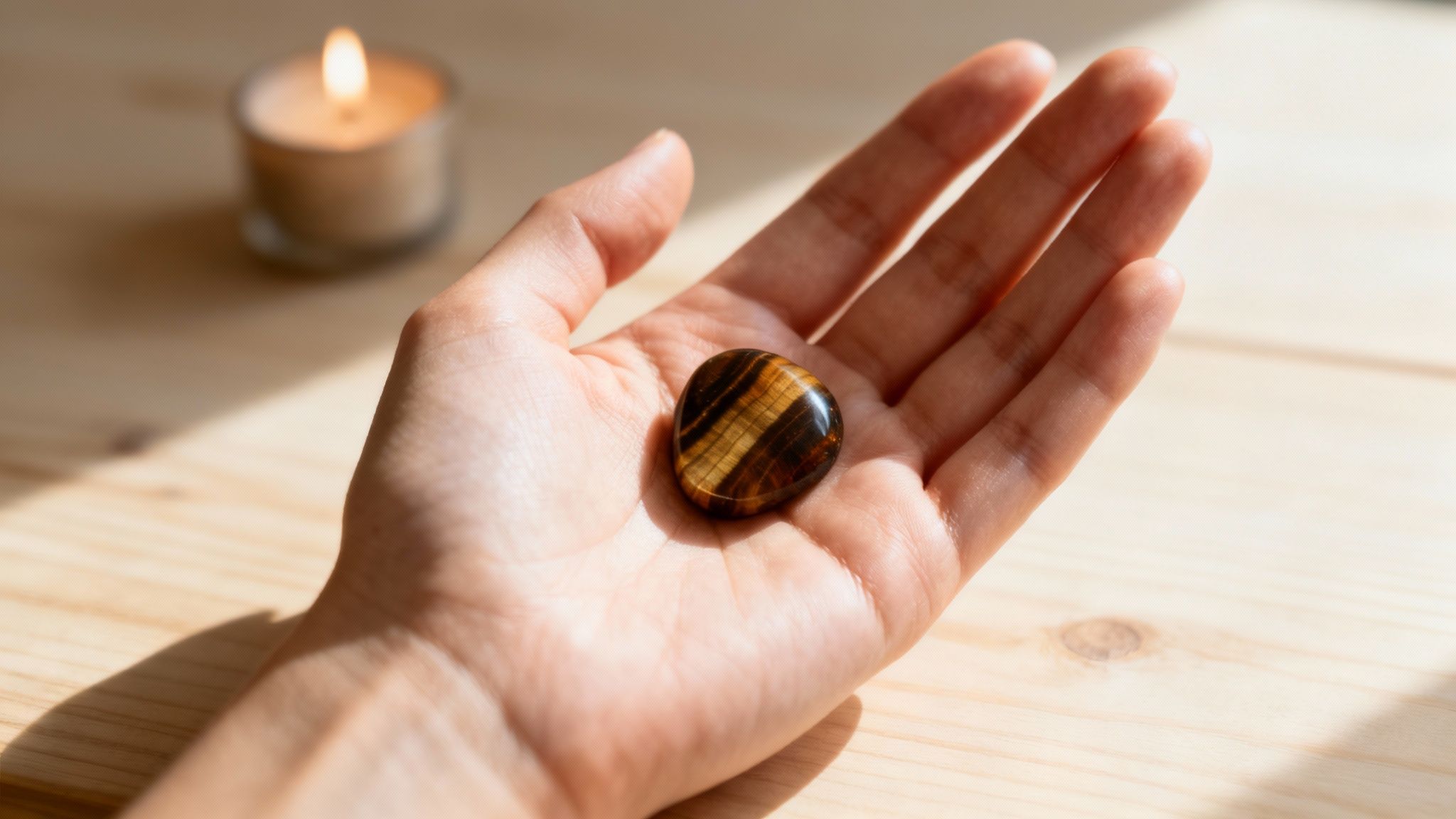 Main tenant une pierre œil de tigre dorée sur une table en bois avec bougie allumée