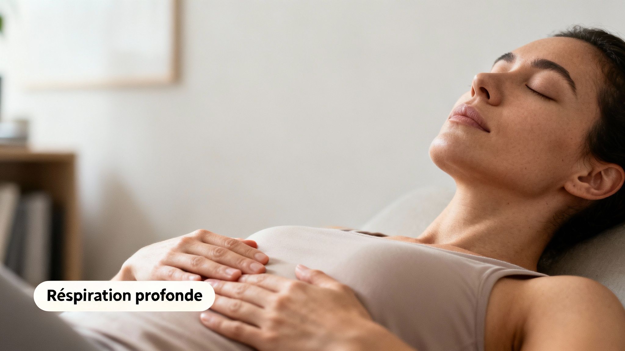 Une femme sereine et calme pratique la respiration profonde, les mains posées sur son ventre.