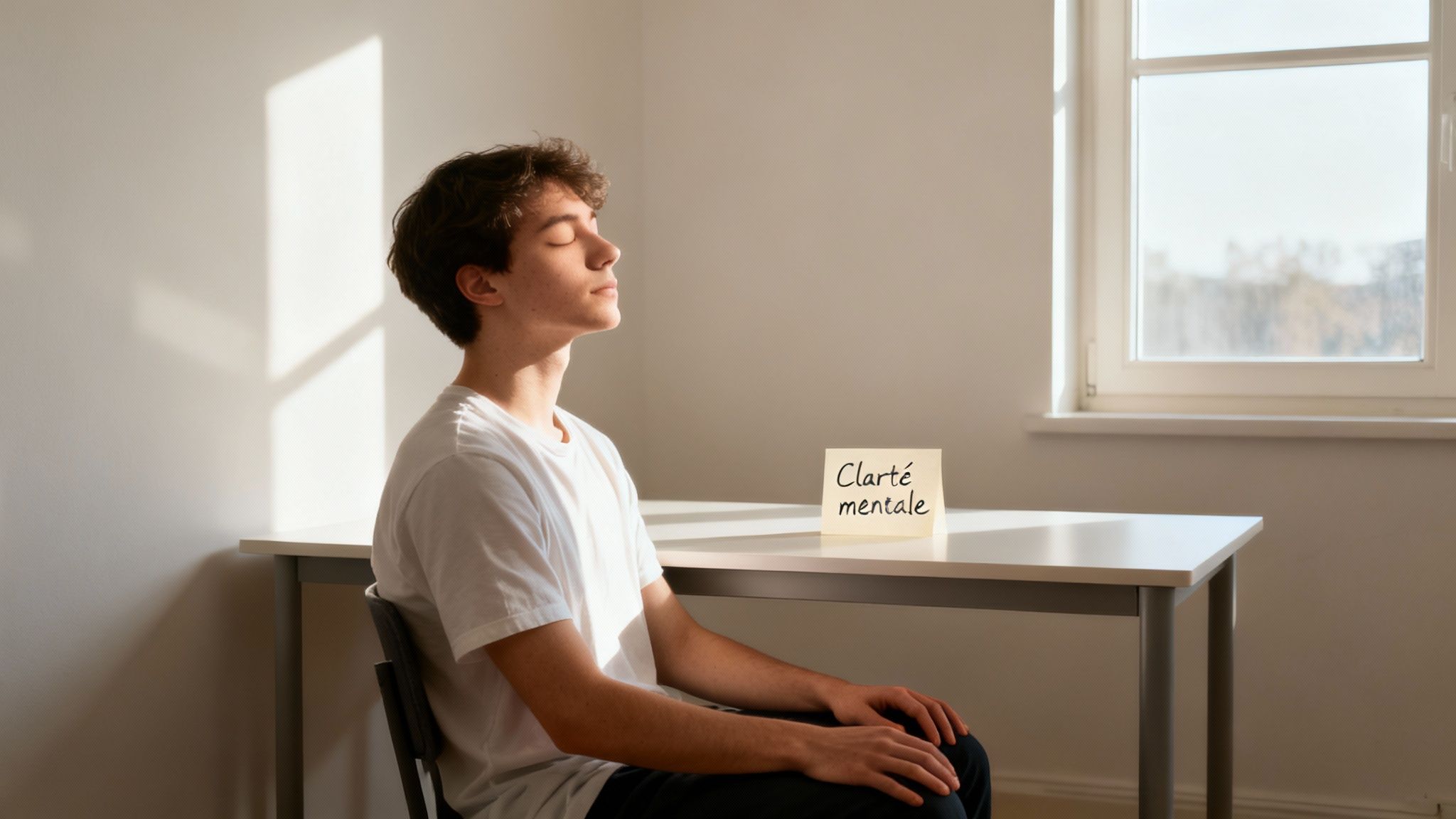 Jeune homme aux yeux fermés méditant tranquillement à un bureau ensoleillé, cherchant la clarté mentale.
