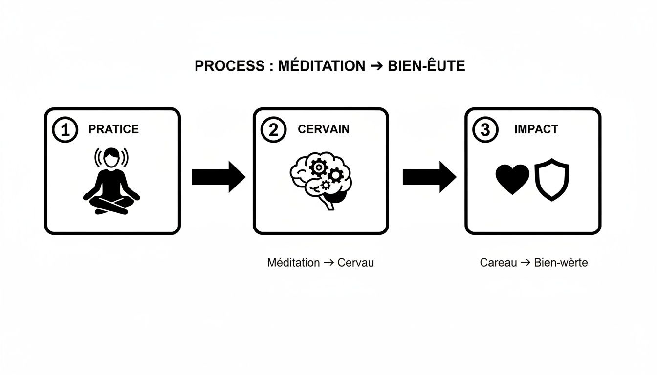 Diagramme de processus montrant les étapes de la méditation : pratique, impact sur le cerveau et bien-être.